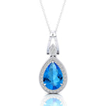 Classic Teardrop Shaped Swiss Blue Topaz Halo Diamond Dangle Pendant - GeumJewels