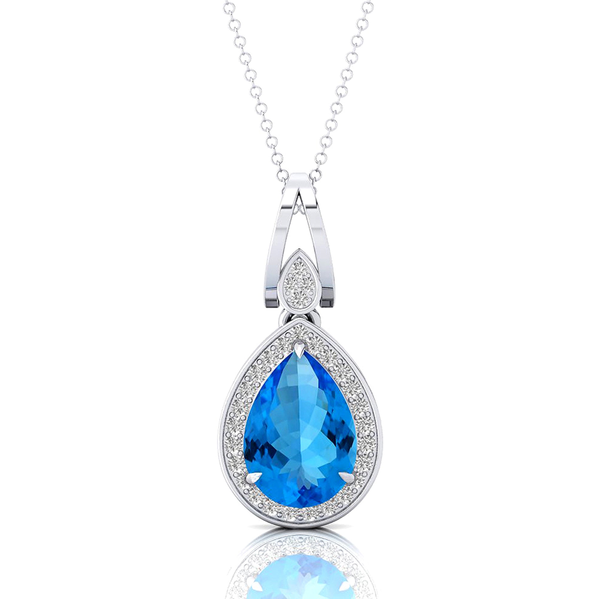 Classic Teardrop Shaped Swiss Blue Topaz Halo Diamond Dangle Pendant - GeumJewels