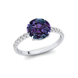 Classic Six Prong Round Solitaire Alexandrite Ring with Accent Diamond Band - GeumJewels