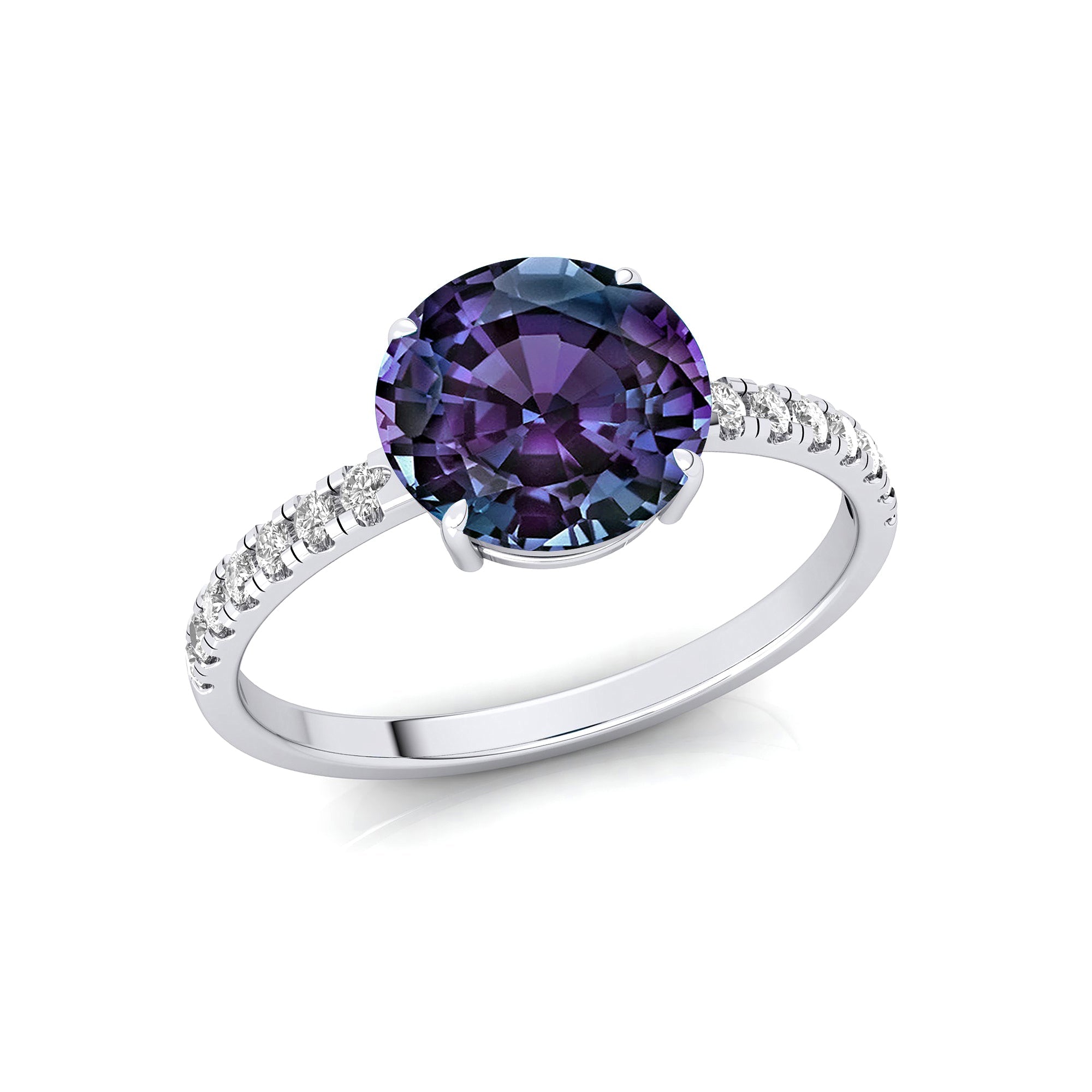 Classic Six Prong Round Solitaire Alexandrite Ring with Accent Diamond Band - GeumJewels