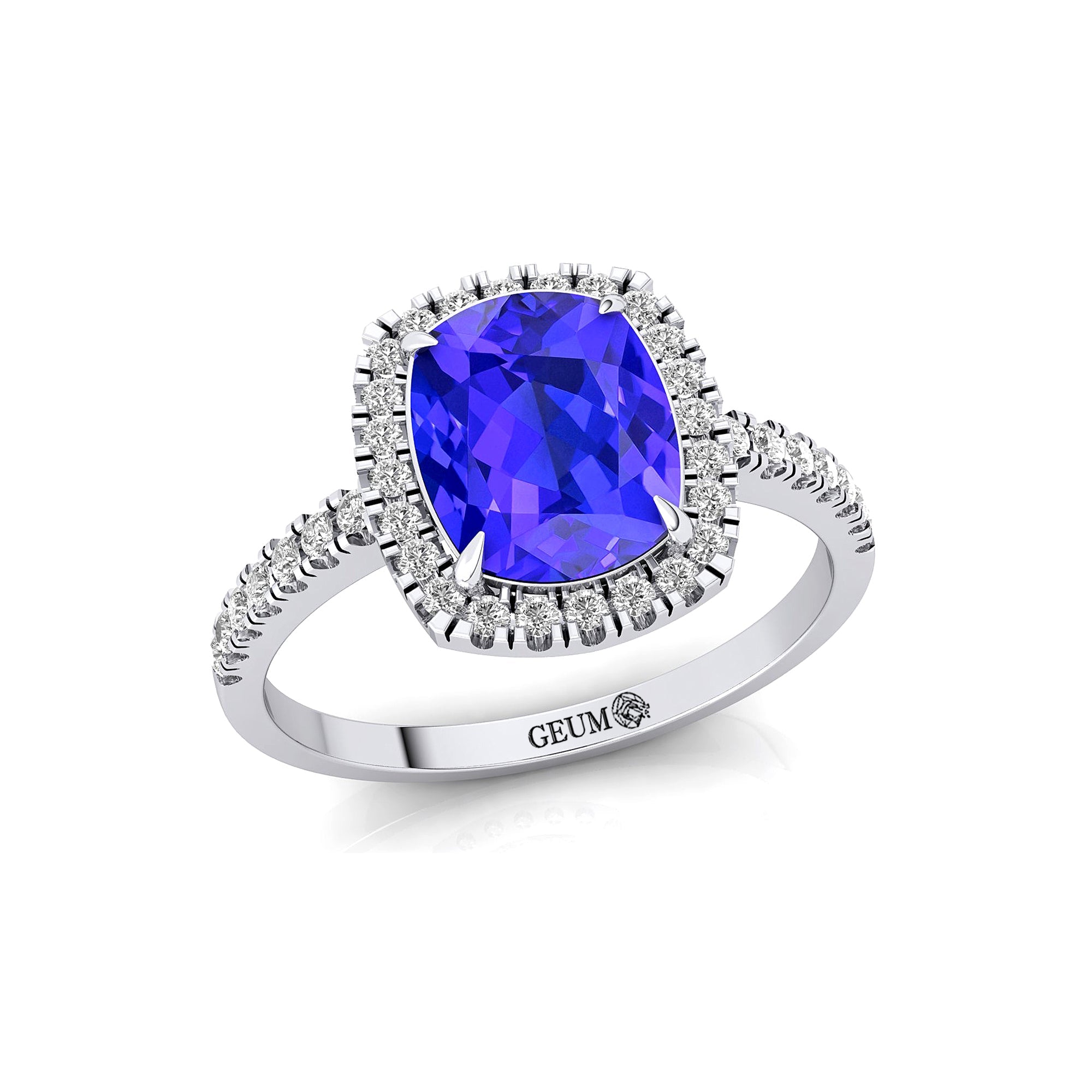 Elongated Cushion Halo Set Tanzanite Engagement Ring with Diamond Band - GeumJewels