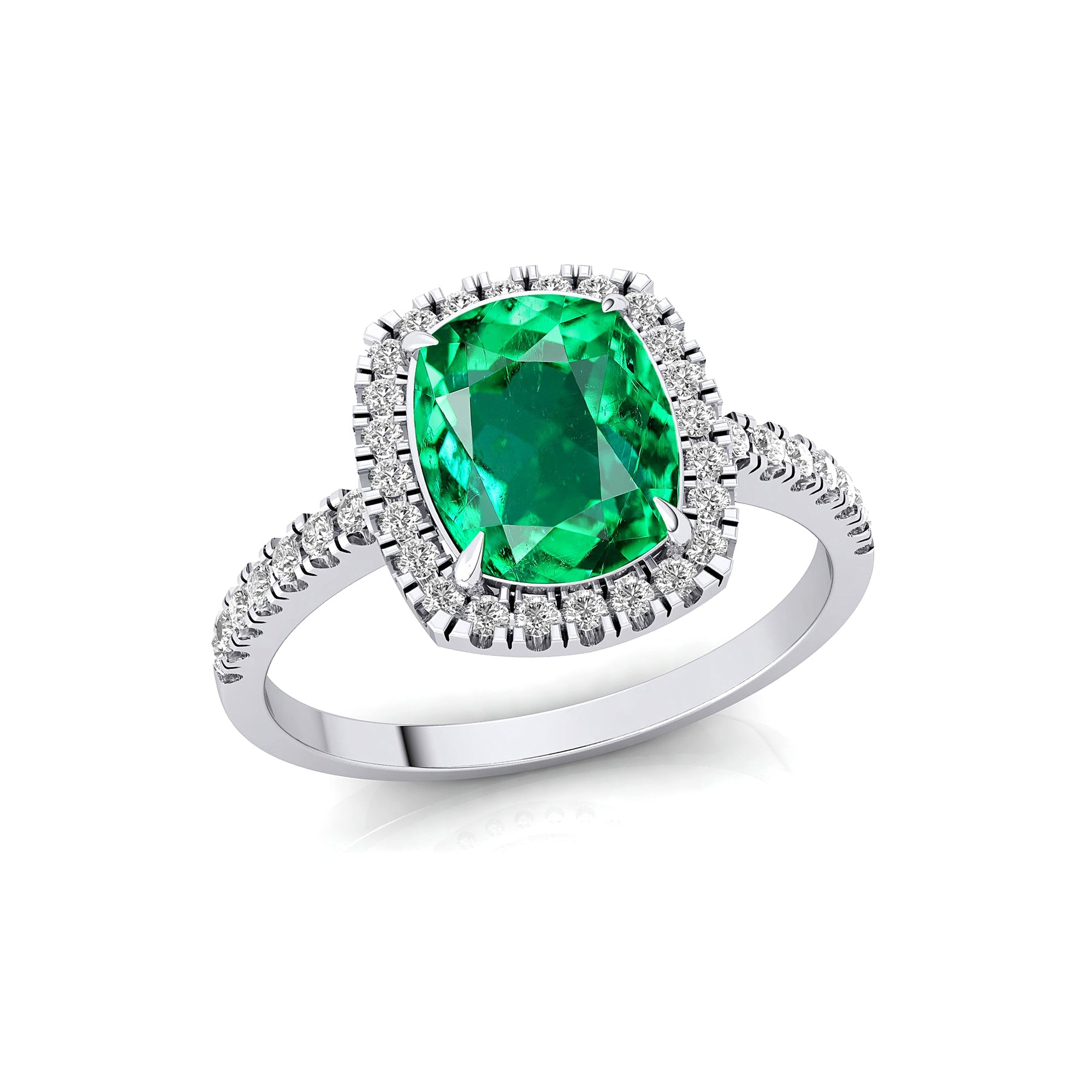 Elongated Cushion Halo Set Emerald Engagement Ring with Diamond Band - GeumJewels
