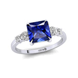 Princess Cut Blue Sapphire Graduating Accent Diamond Ring - GeumJewels