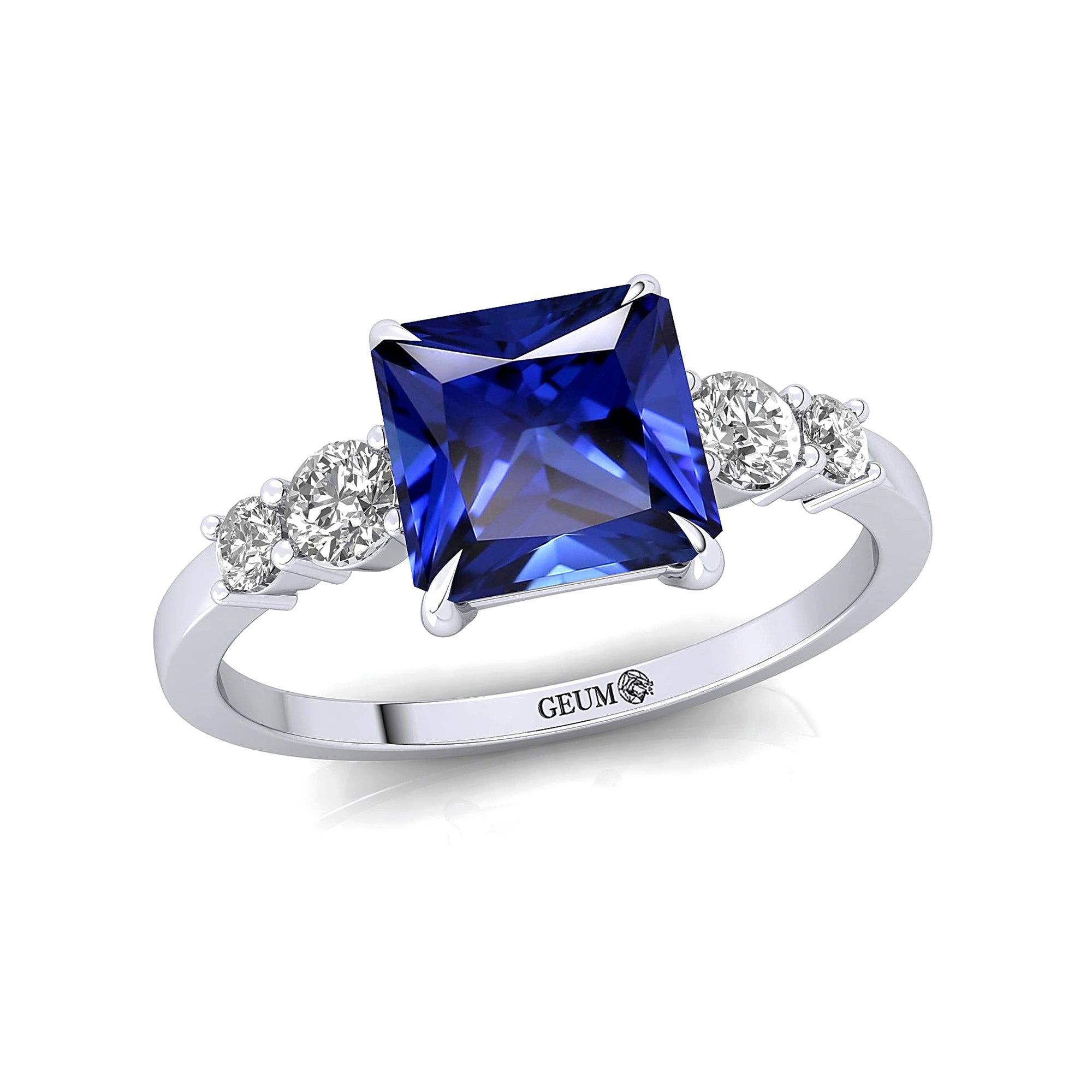Princess Cut Blue Sapphire Graduating Accent Diamond Ring - GeumJewels