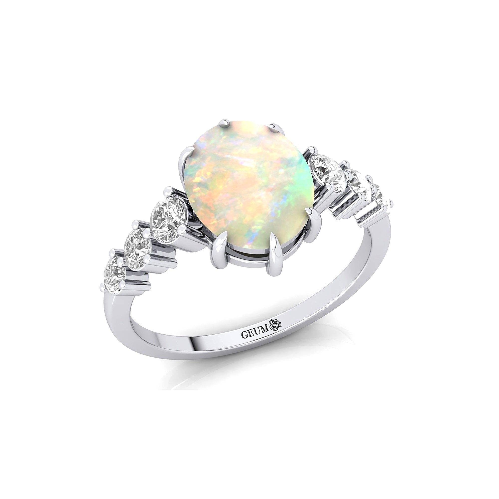 Oval Cut Opal with Graduated Diamonds Ring - GeumJewels