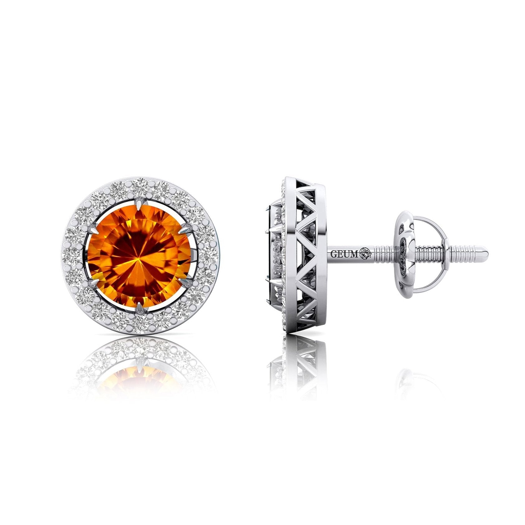 Round Solitaire Citrine Halo Diamond Stud Earrings - GeumJewels