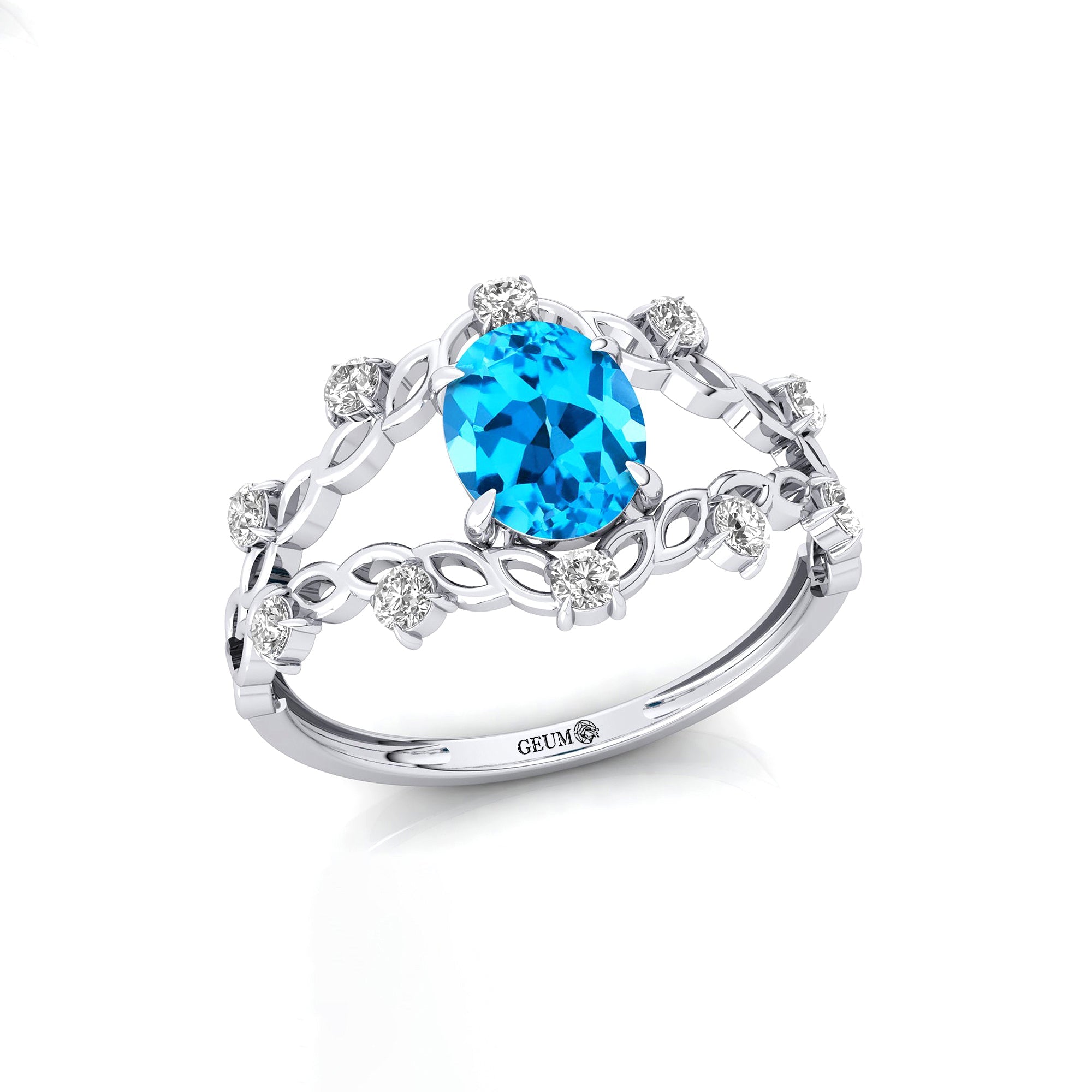 Flower Inspired Ring with Oval Shaped Swiss Blue Topaz and Accent Diamonds - GeumJewels