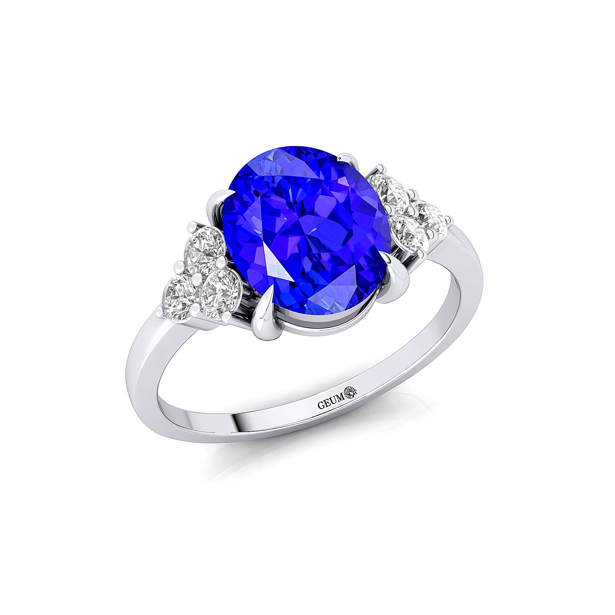 Trio Diamond Engagement Ring with Oval Cut Tanzanite - GeumJewels