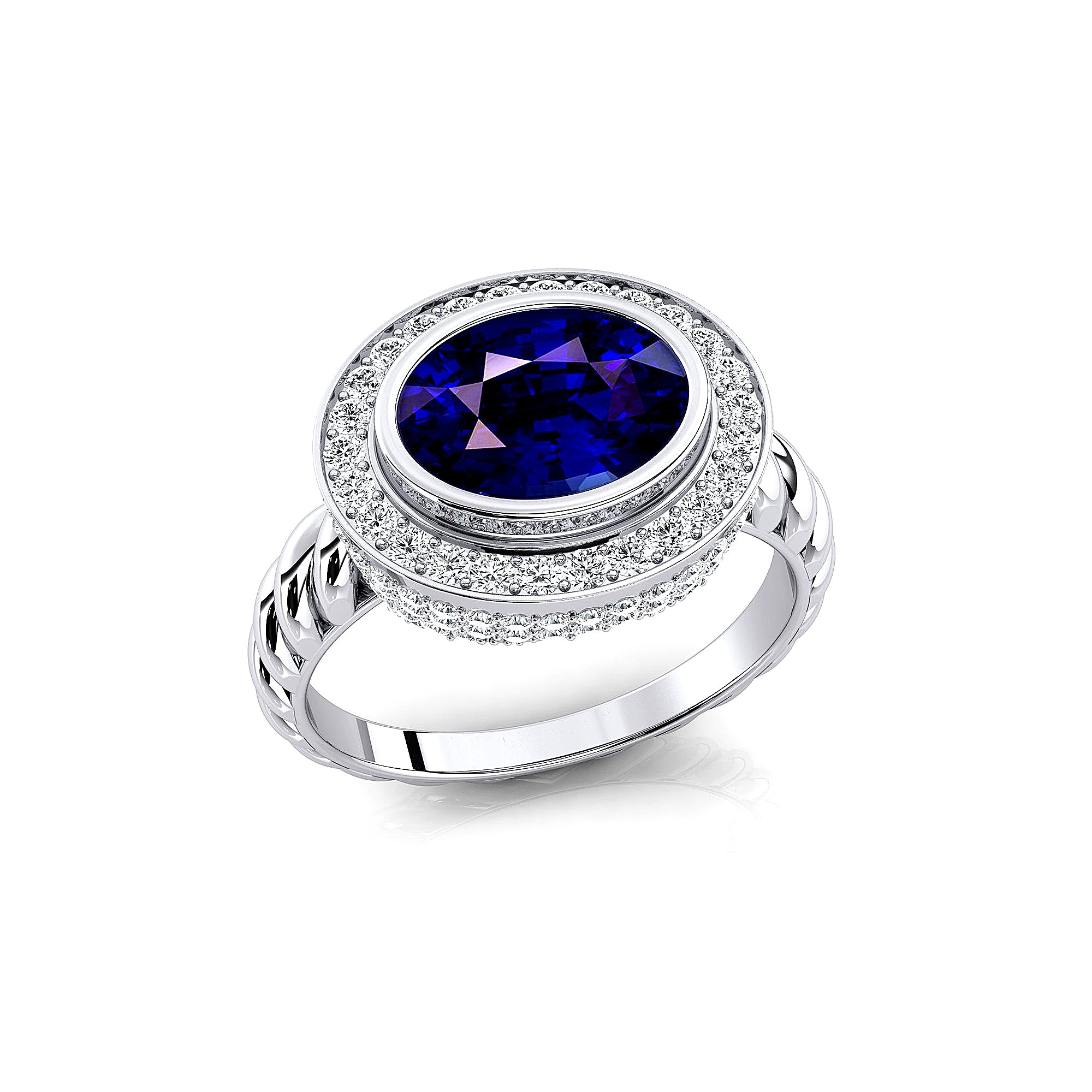 Vintage Style Elongated Oval Blue Sapphire Halo Diamond Twisted Ring - GeumJewels