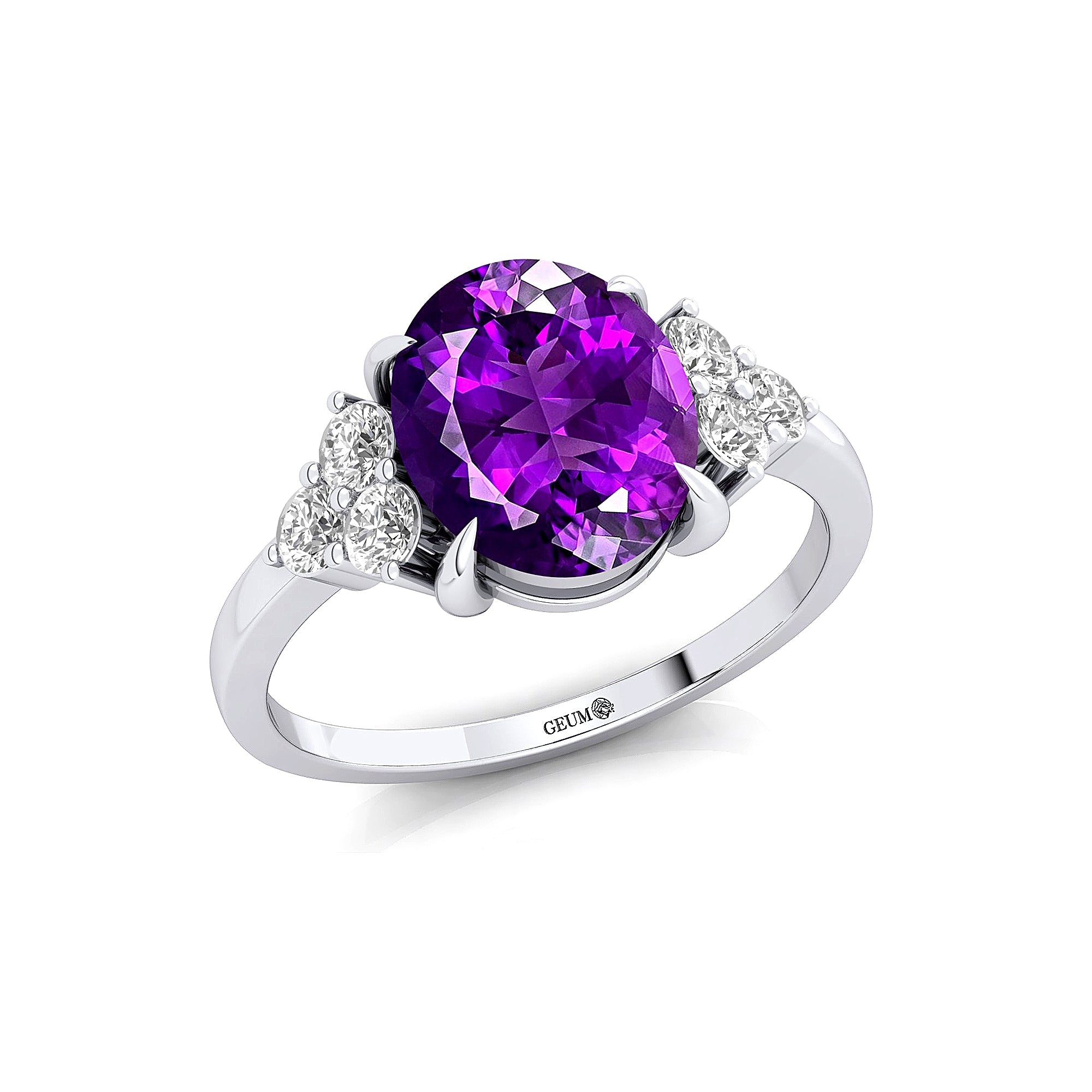 Trio Diamond Engagement Ring with Oval Cut Amethyst - GeumJewels