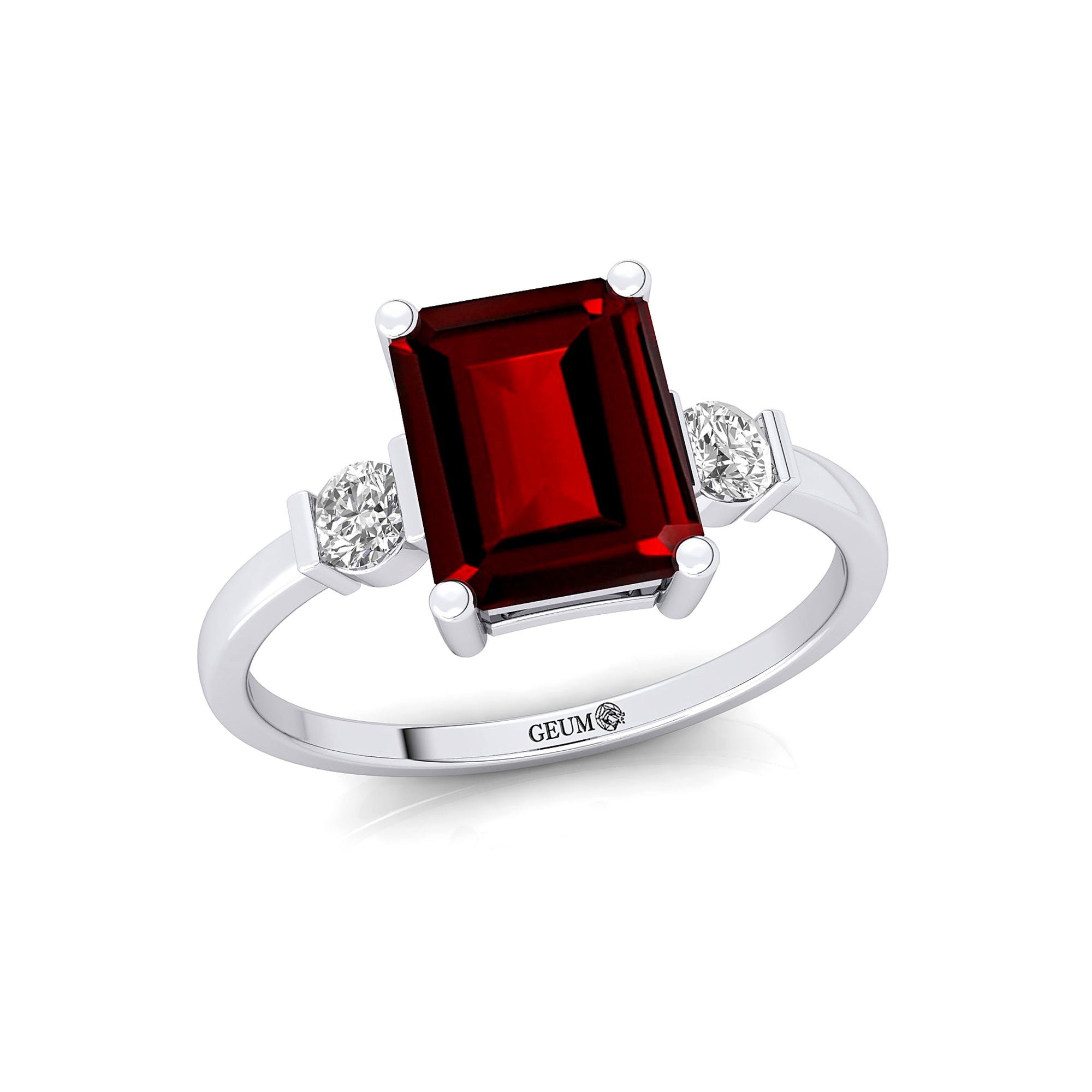 Emerald Cut Garnet and Diamond Three Stone Ring - GeumJewels