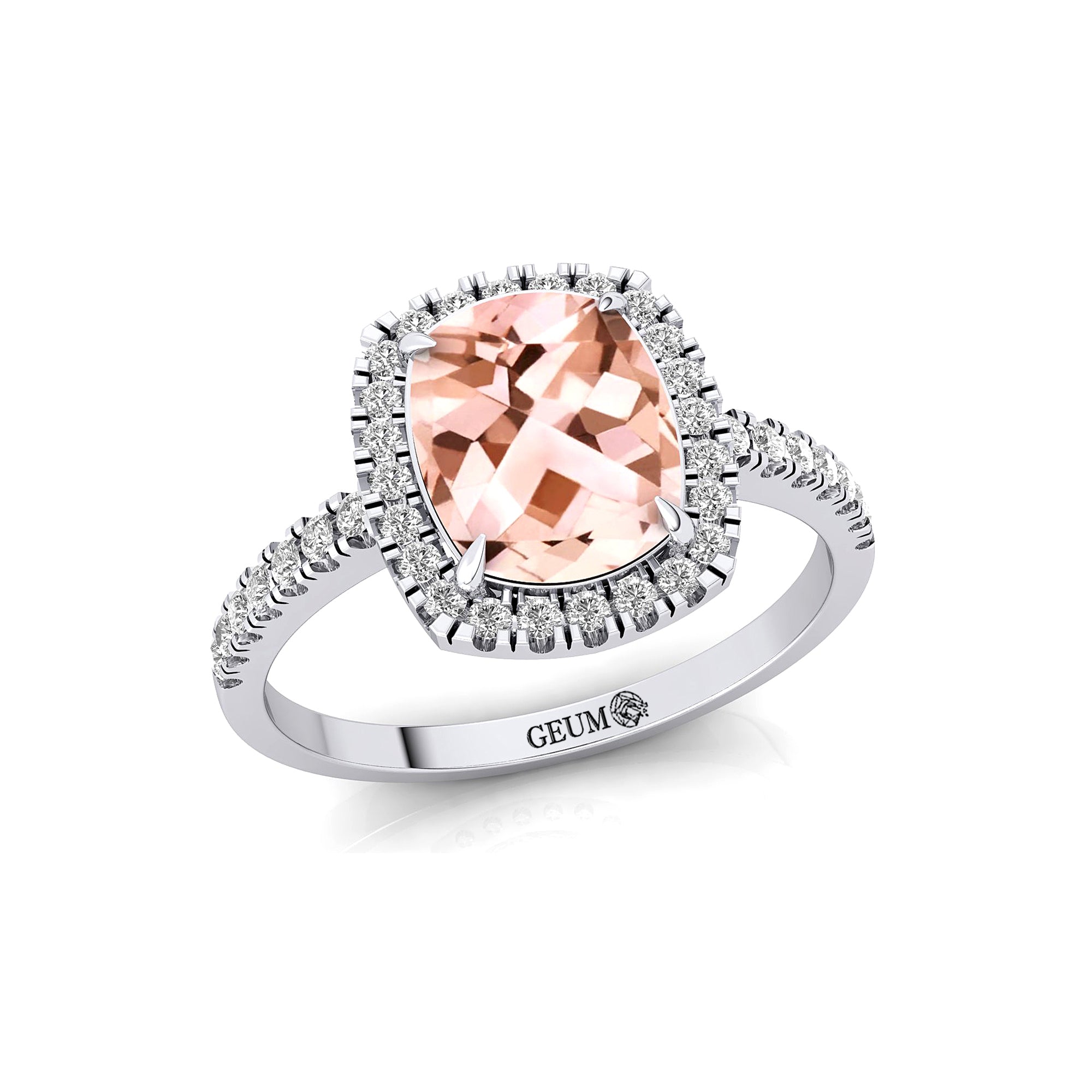 Elongated Cushion Halo Set Morganite Engagement Ring with Diamond Band - GeumJewels