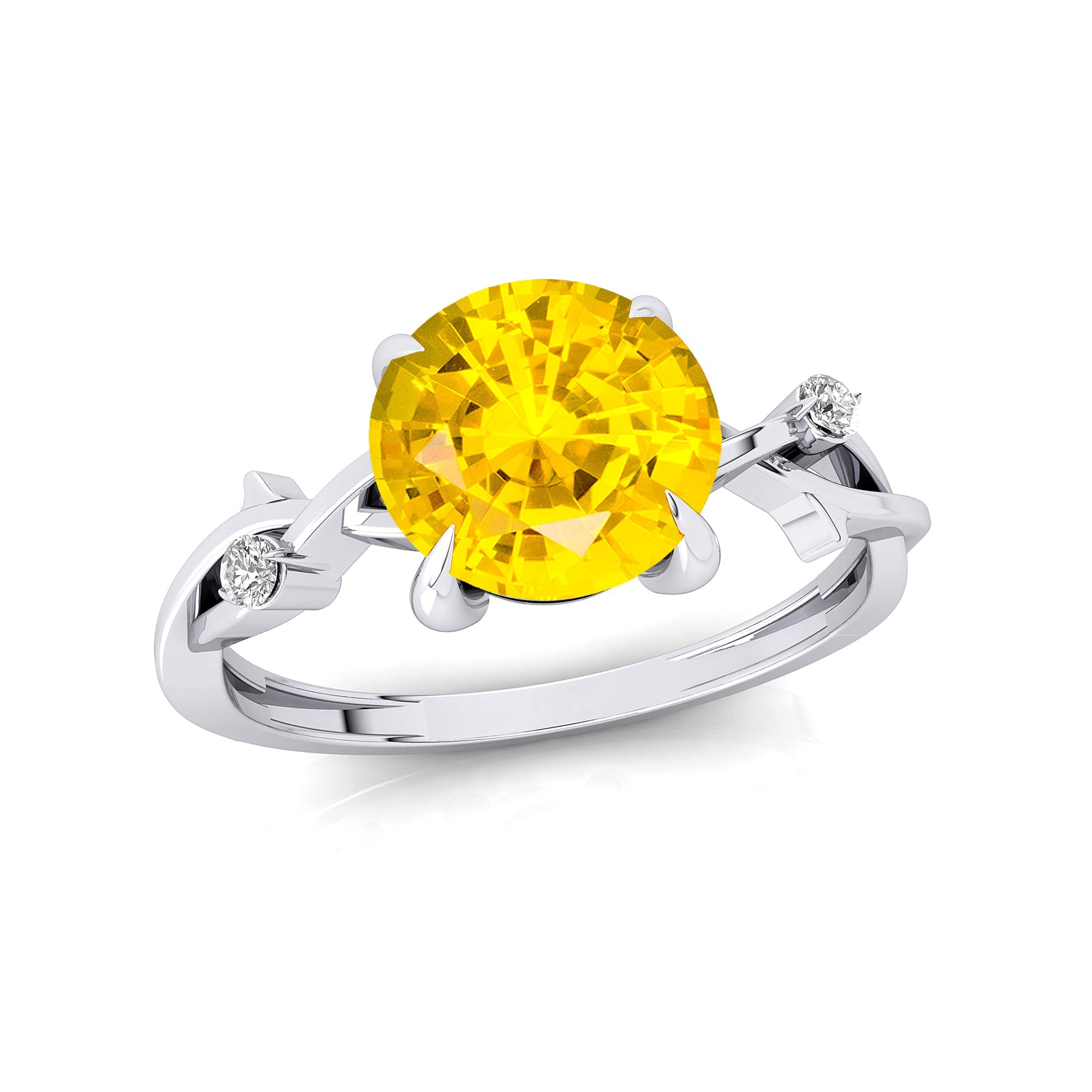 Criss Cross Nature Inspired Diamond Ring  with Round Yellow Sapphire - GeumJewels