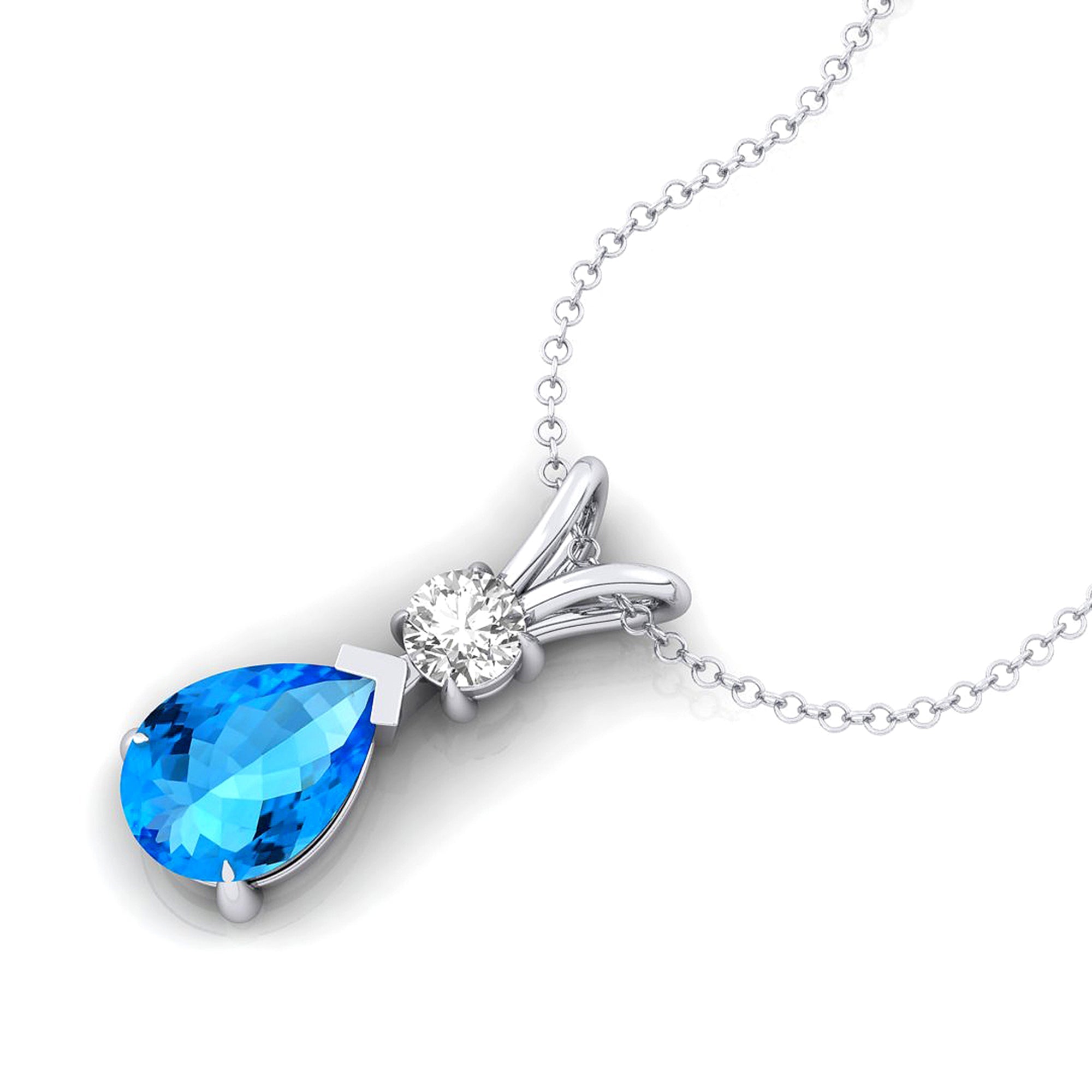 Swiss Blue Topaz Teardrop Pendant with Solitaire Diamond - GeumJewels