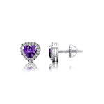 Heart Shaped Amethyst Halo Diamond Stud Earrings - GeumJewels