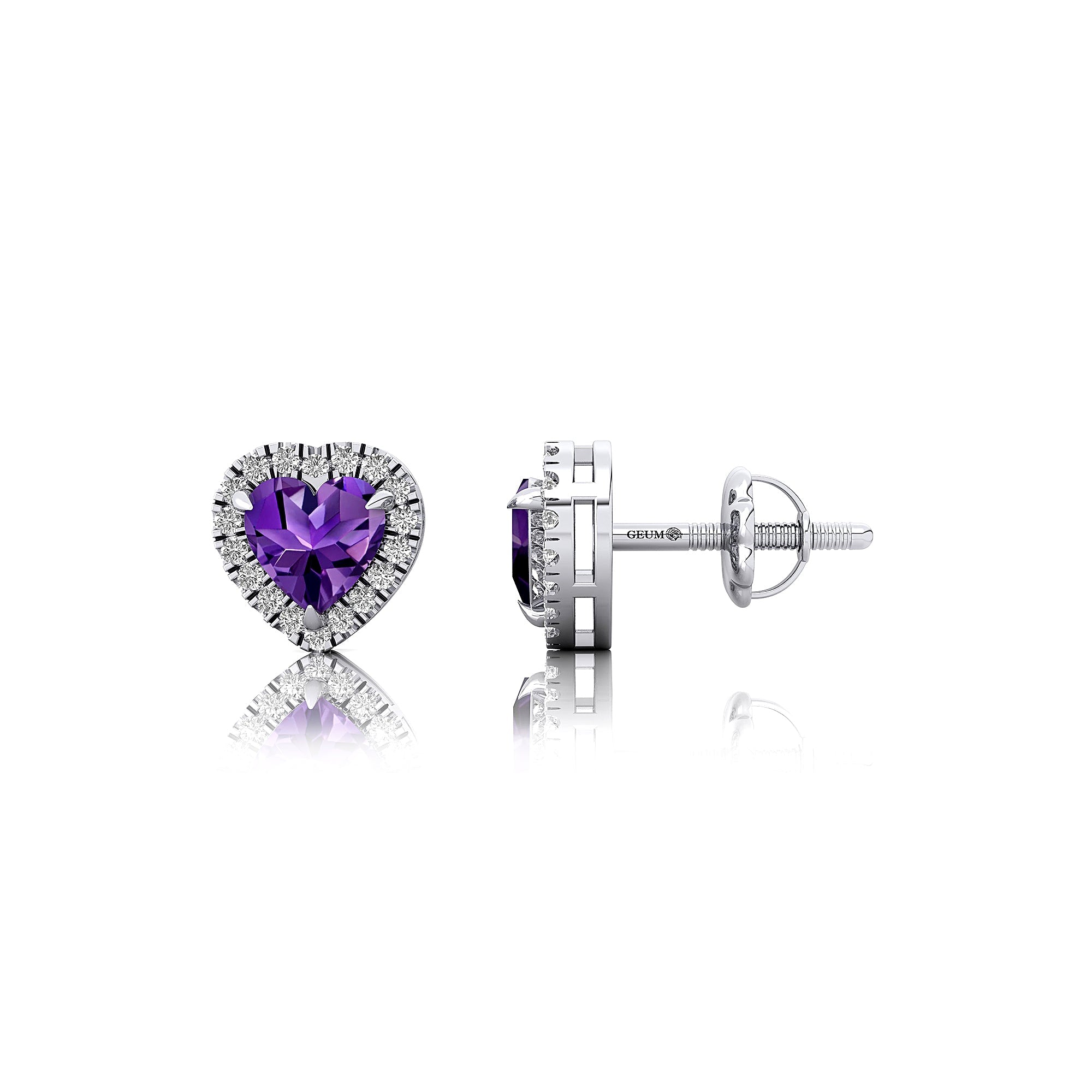 Heart Shaped Amethyst Halo Diamond Stud Earrings - GeumJewels