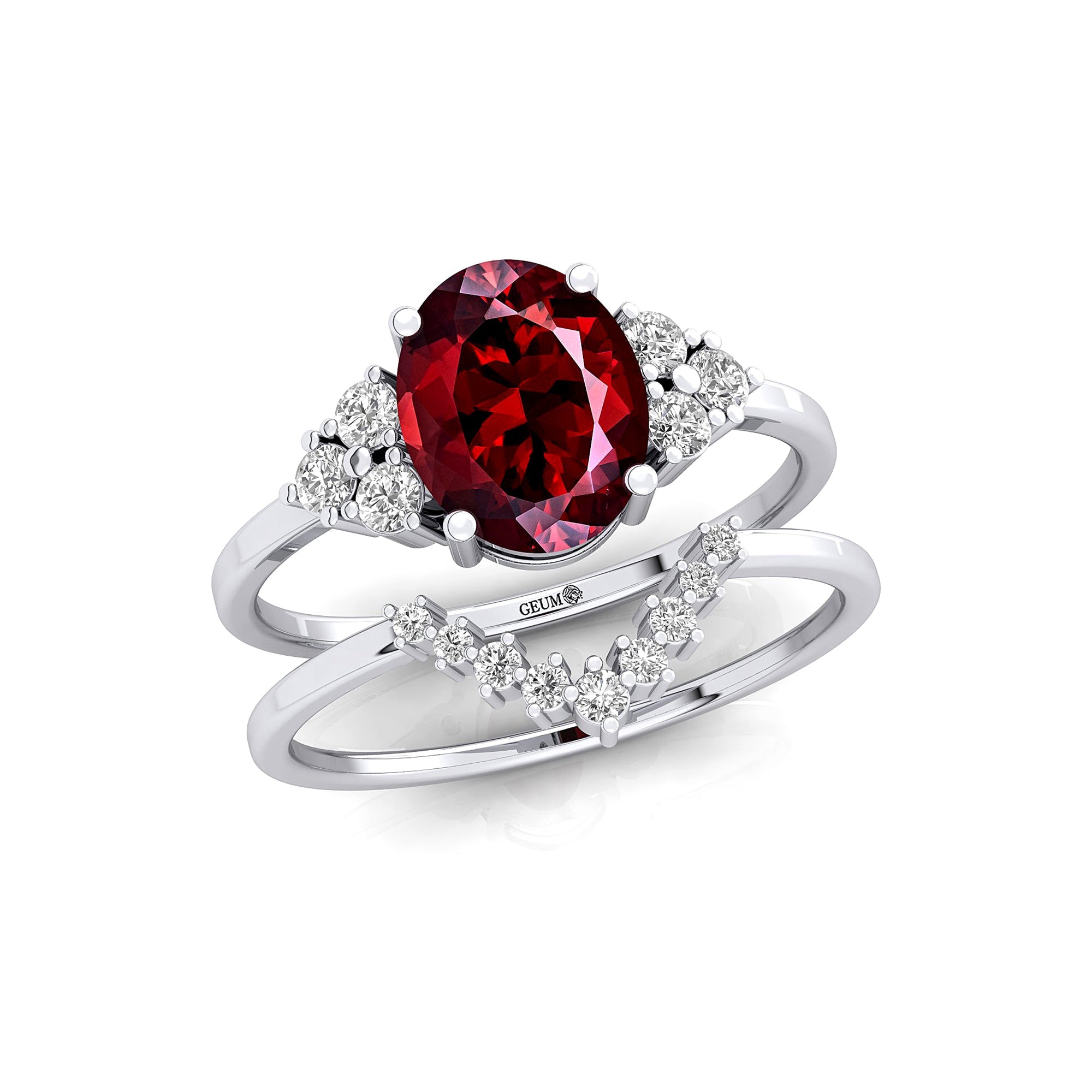 Garnet Solitaire Gold Ring With Stackable Diamond Band - GeumJewels