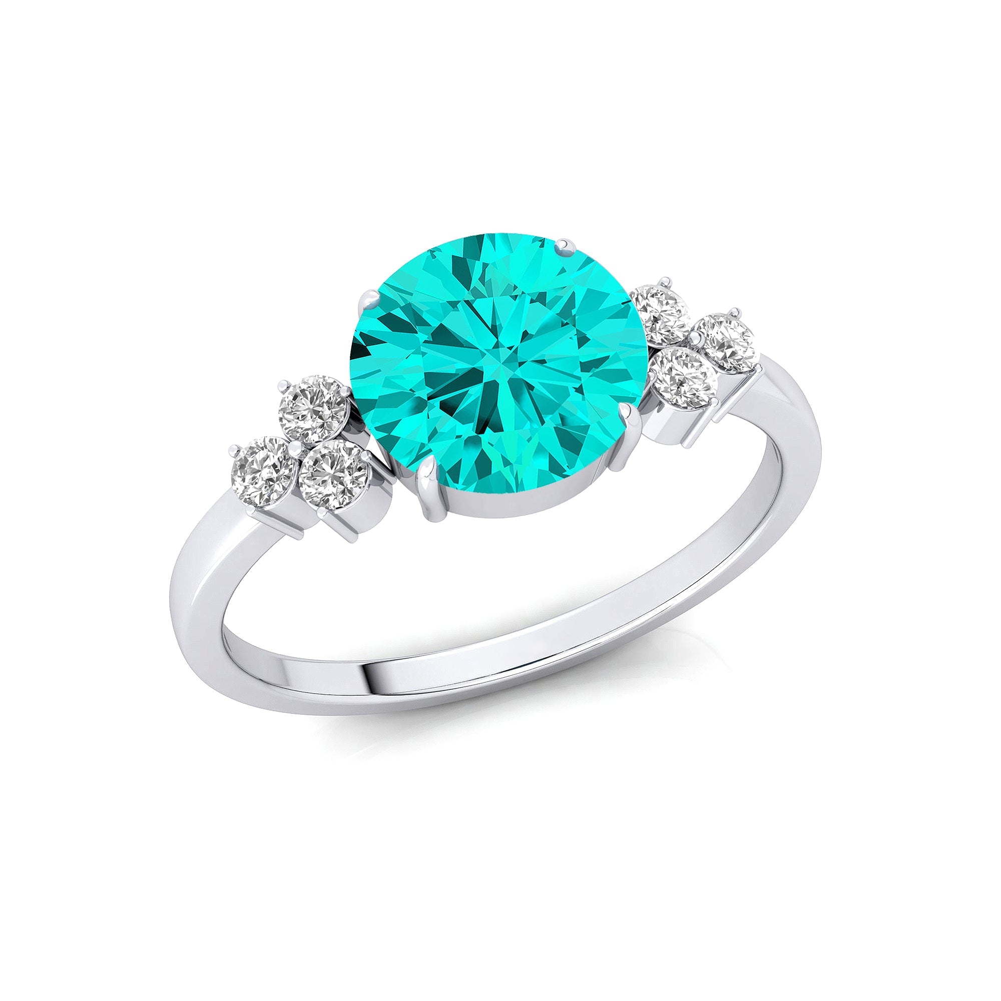 Trio Diamond Engagement Ring with Round Solitaire Paraiba Tourmaline - GeumJewels