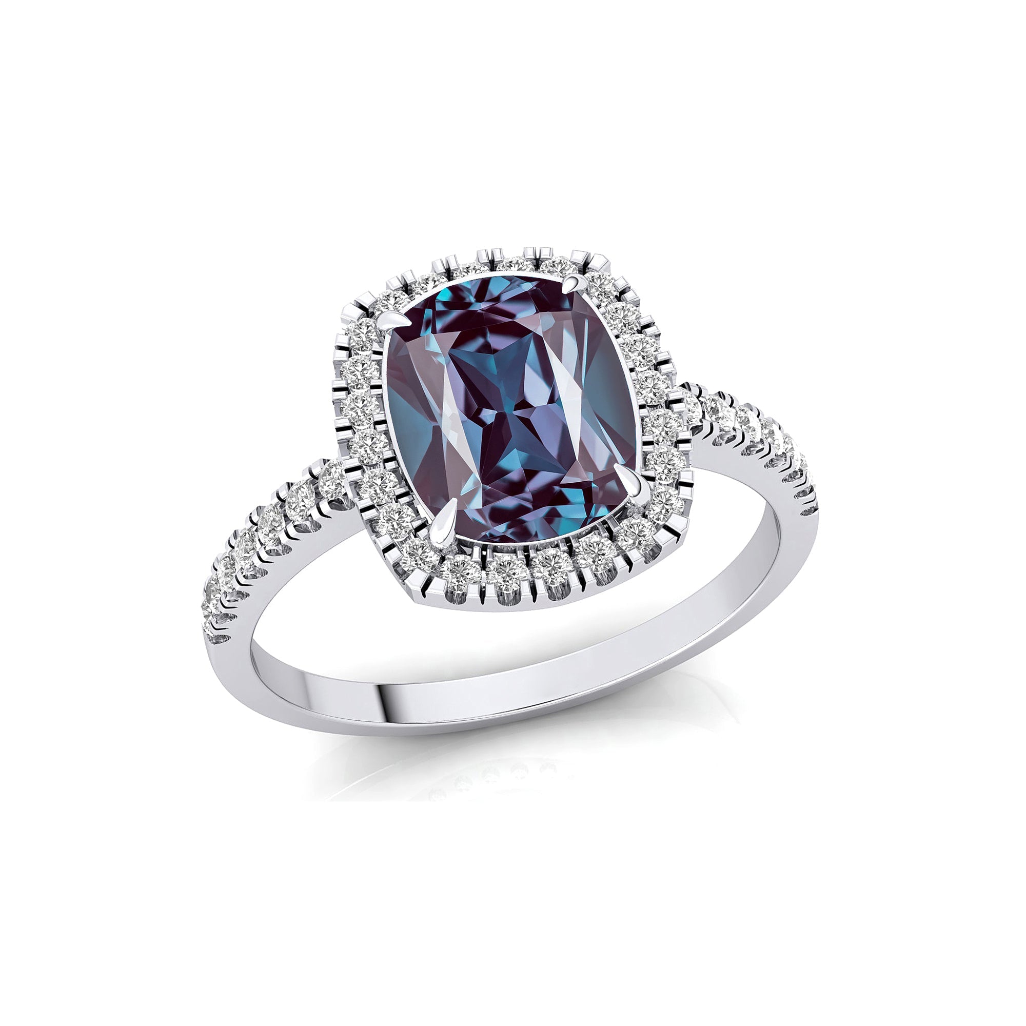 Elongated Cushion Halo Set Alexandrite Engagement Ring with Diamond Band - GeumJewels
