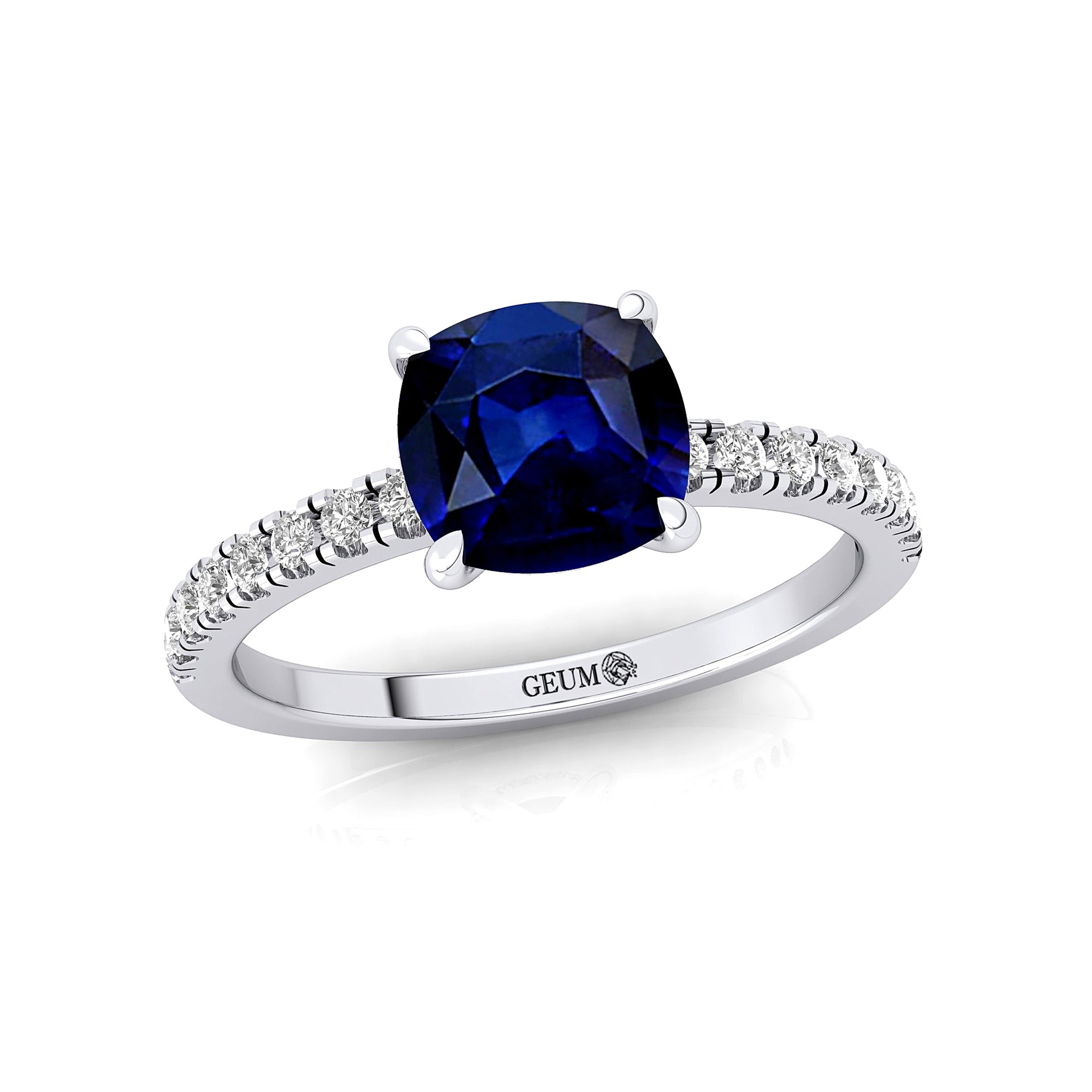 Blue Sapphire Square Cushion Under Halo Diamonds Thin Ring with Diamond Band - GeumJewels