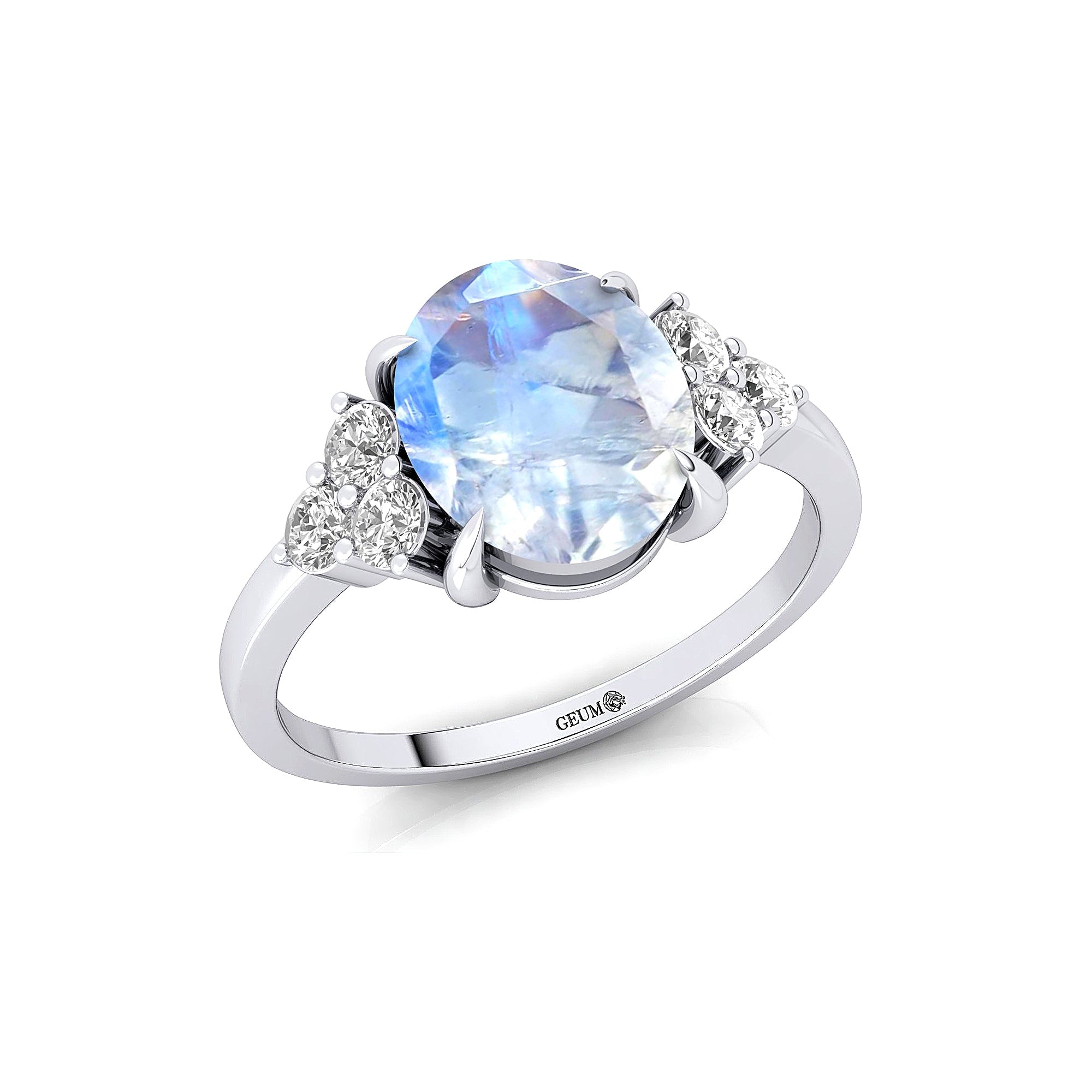 Trio Diamond Engagement Ring with Oval Cut Moonstone - GeumJewels