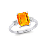 Emerald Cut Citrine and Diamond Three Stone Ring - GeumJewels