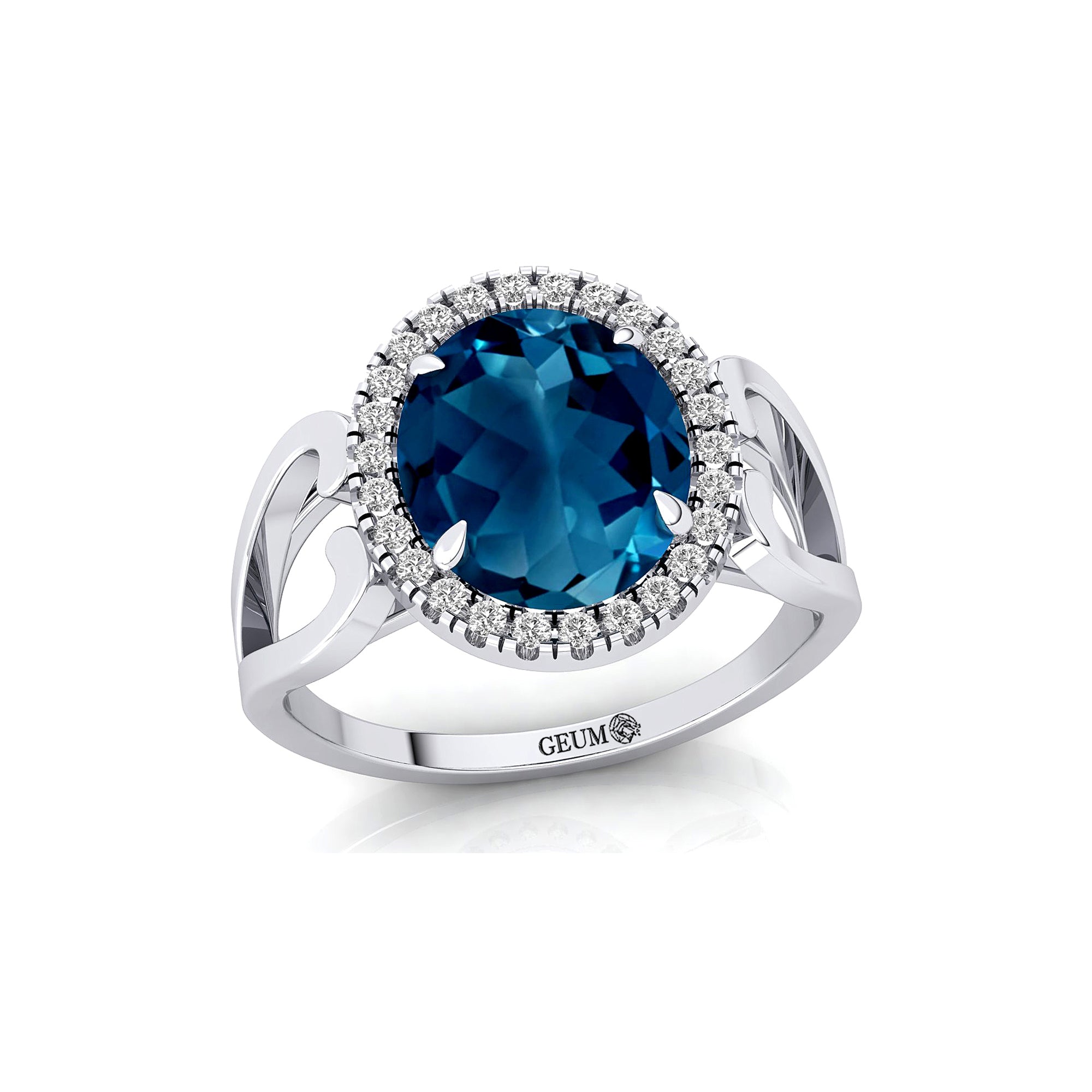 Vintage Love Inspired Oval London Blue Topaz Halo Diamond Engagement Ring - GeumJewels