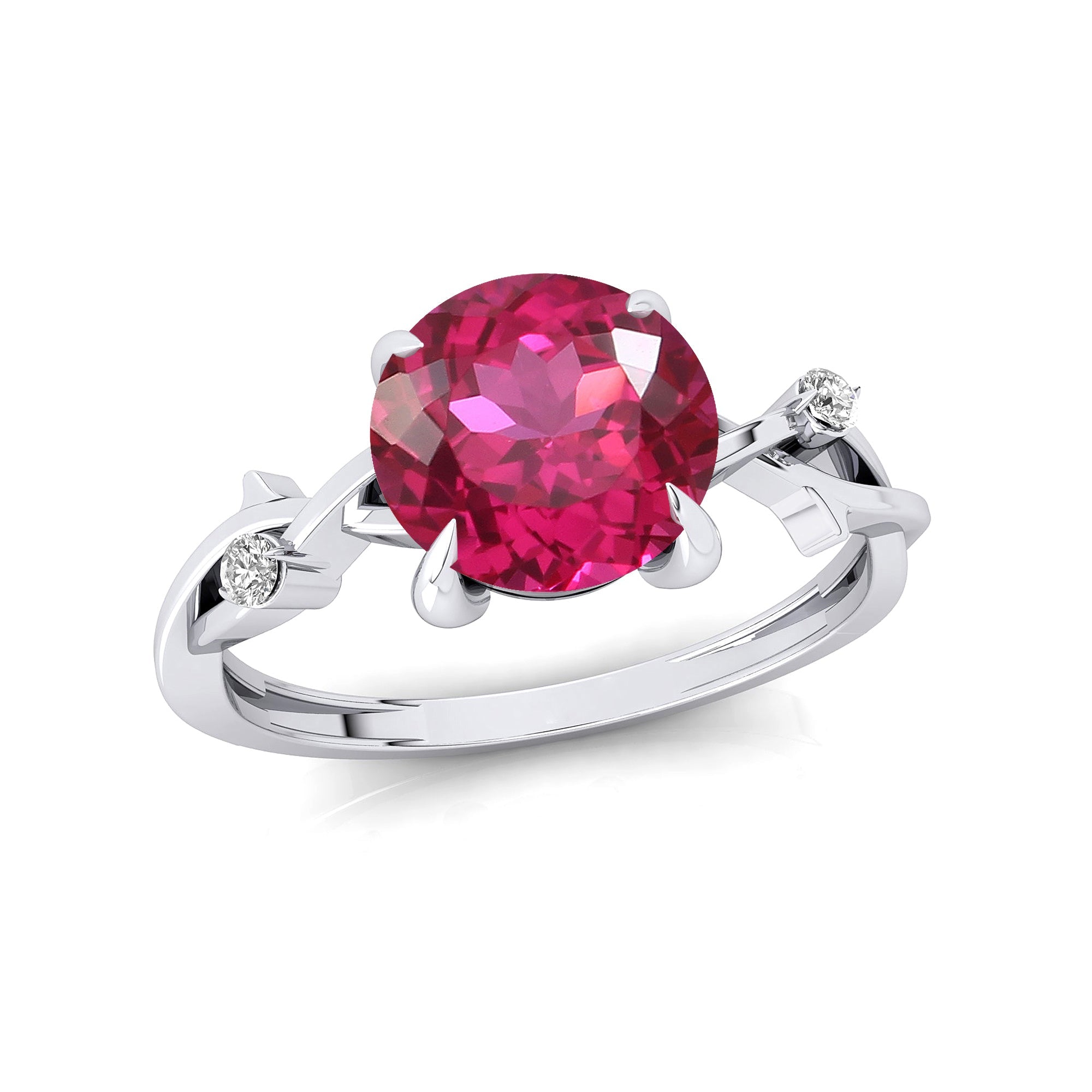 Criss Cross Nature Inspired Diamond Ring  with Round Pink Sapphire - GeumJewels