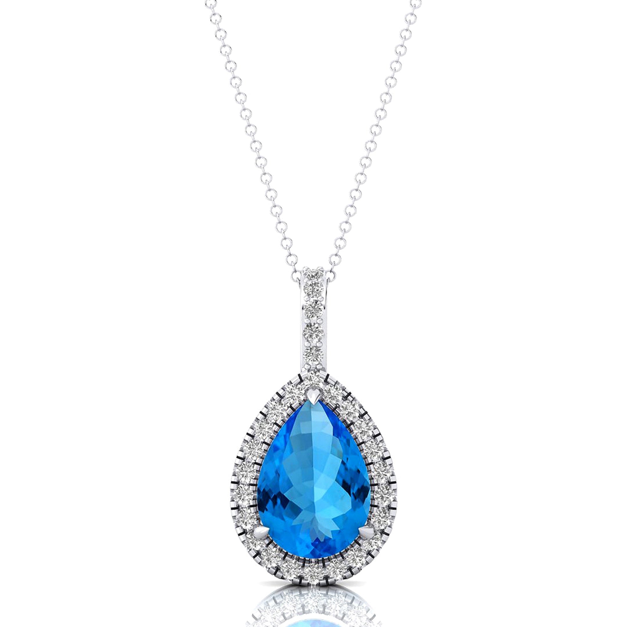 Swiss Blue Topaz Teardrop Pendant with Diamond Halo - GeumJewels