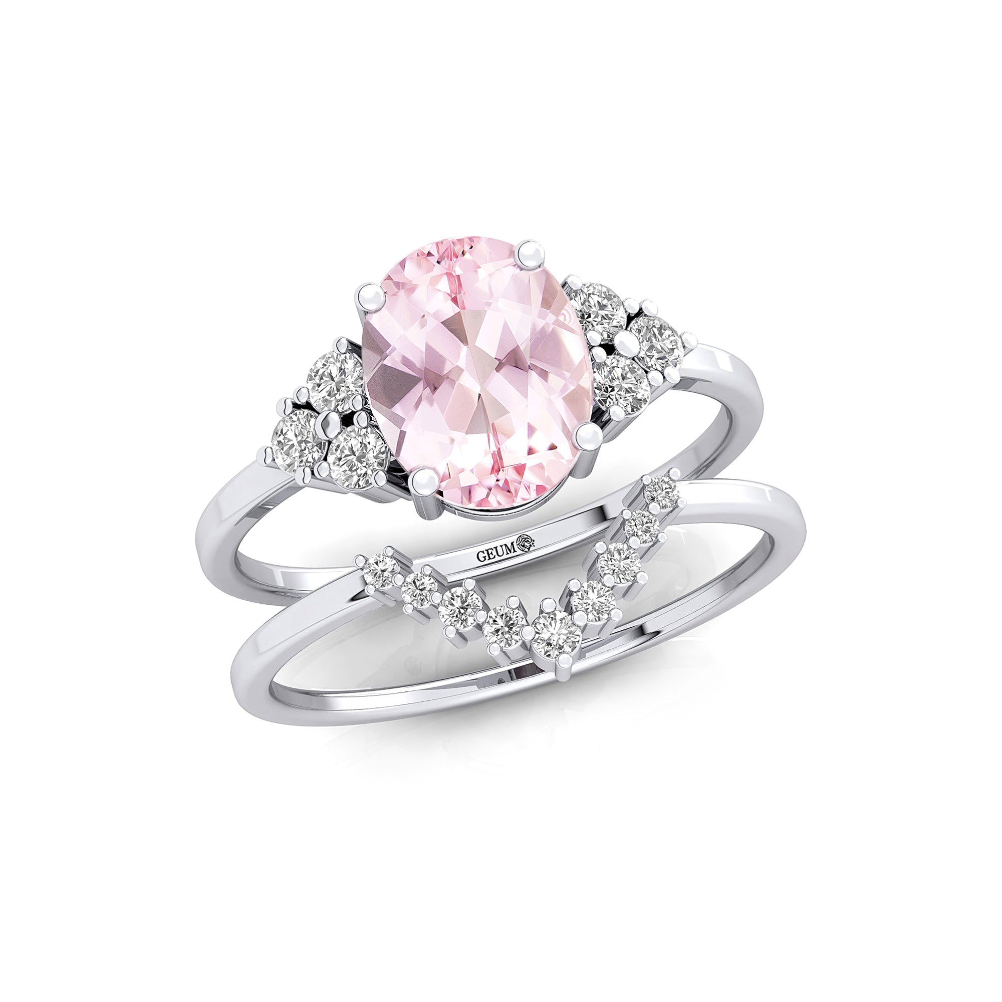 Morganite Gold Ring With Stackable Diamond Band - GeumJewels