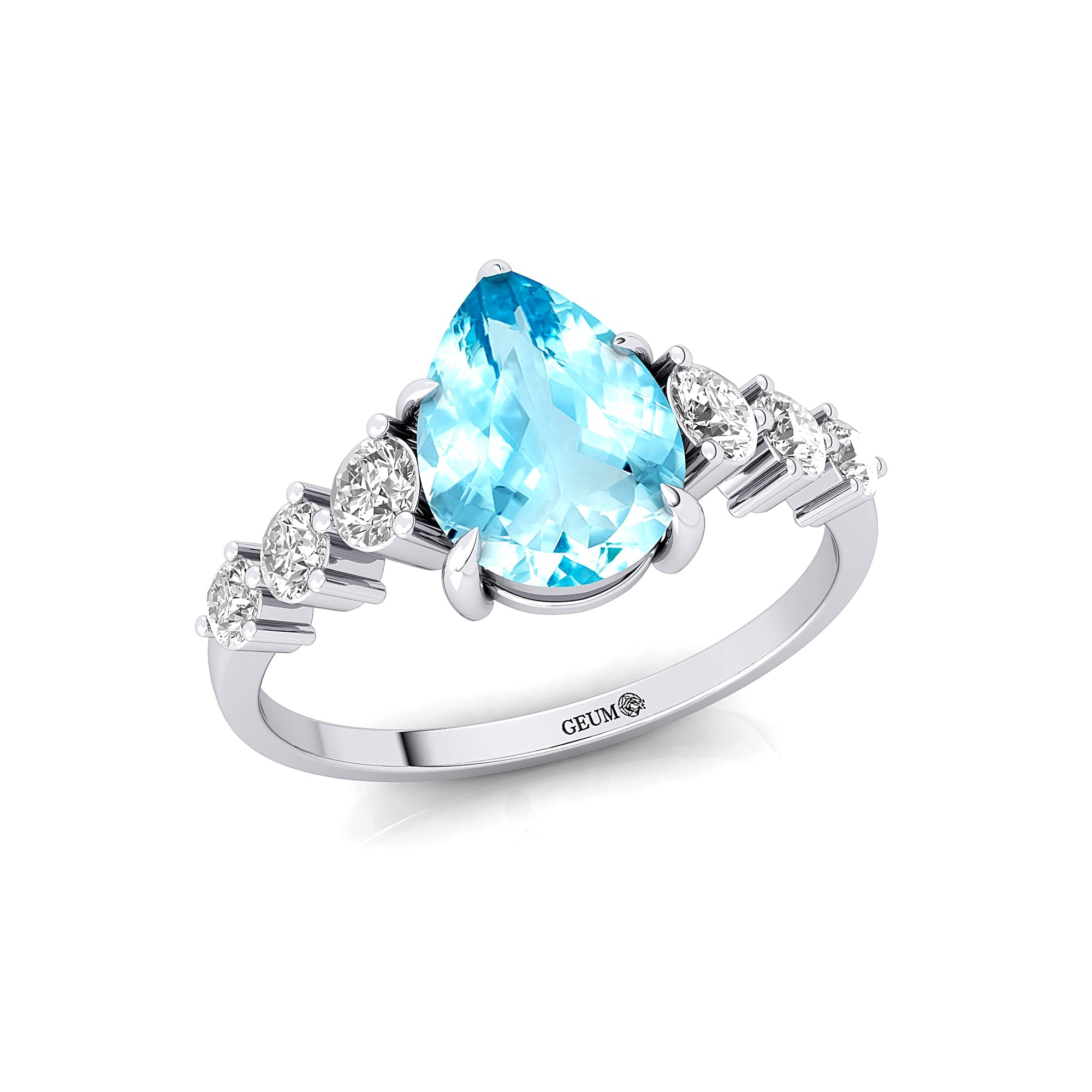 Pear Cut Aquamarine with Graduated Diamonds Ring - GeumJewels