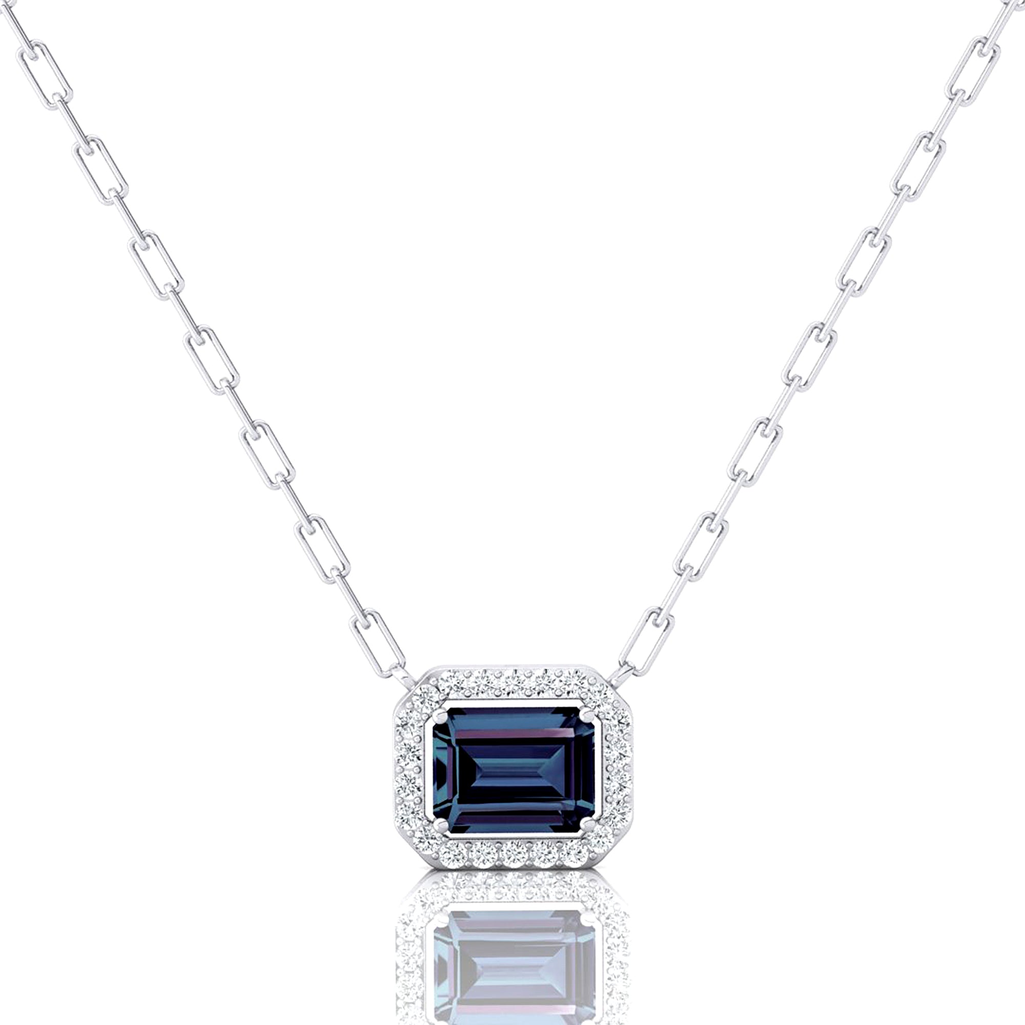 Emerald Cut Alexandrite Halo Set Diamond Necklace - GeumJewels