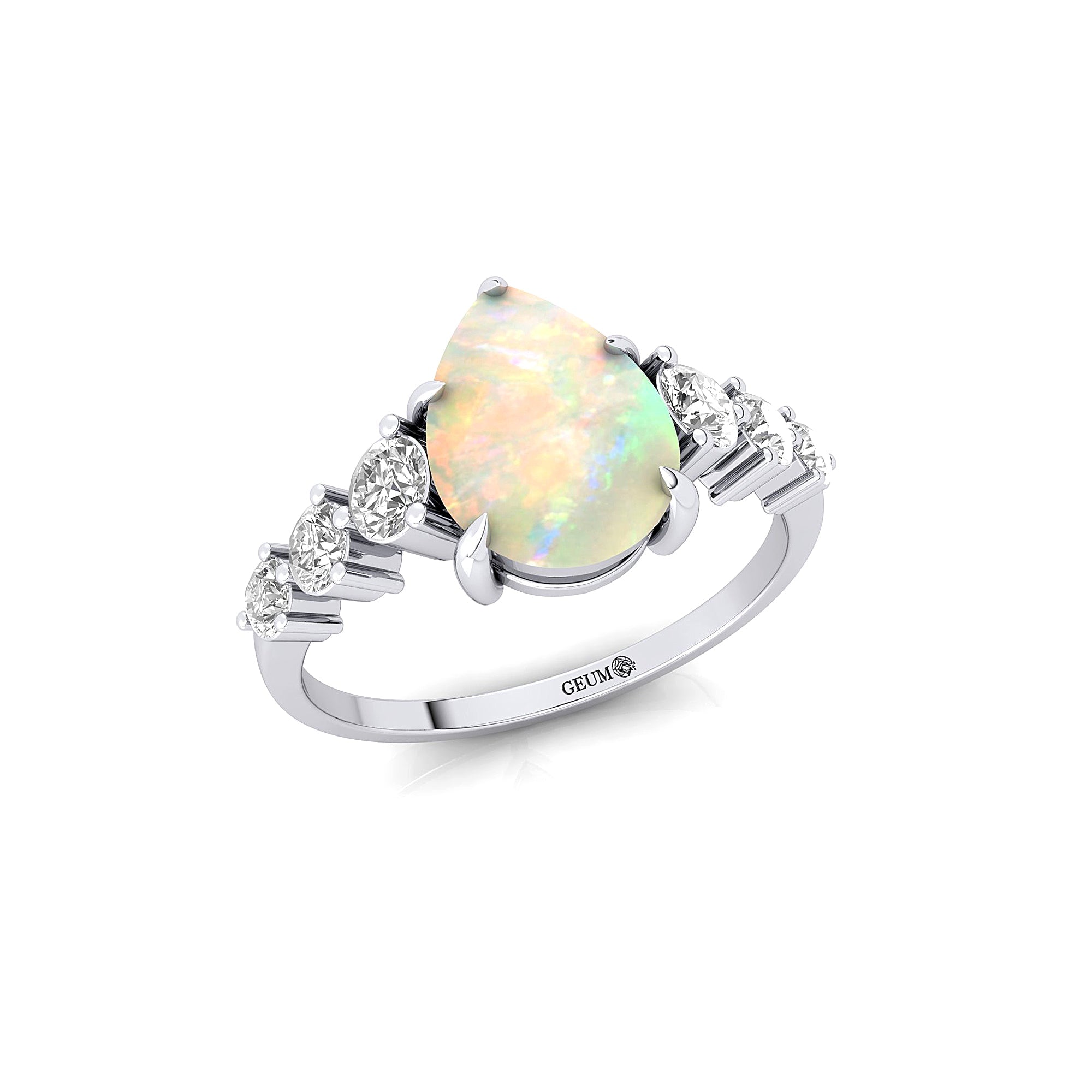 Pear Cut Opal with Graduated Diamonds Ring - GeumJewels