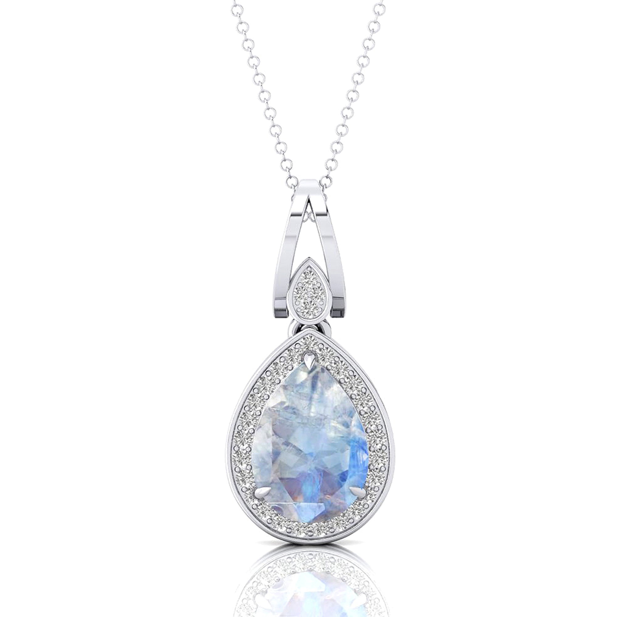 Classic Teardrop Shaped Moonstone Halo Diamond Dangle Pendant - GeumJewels