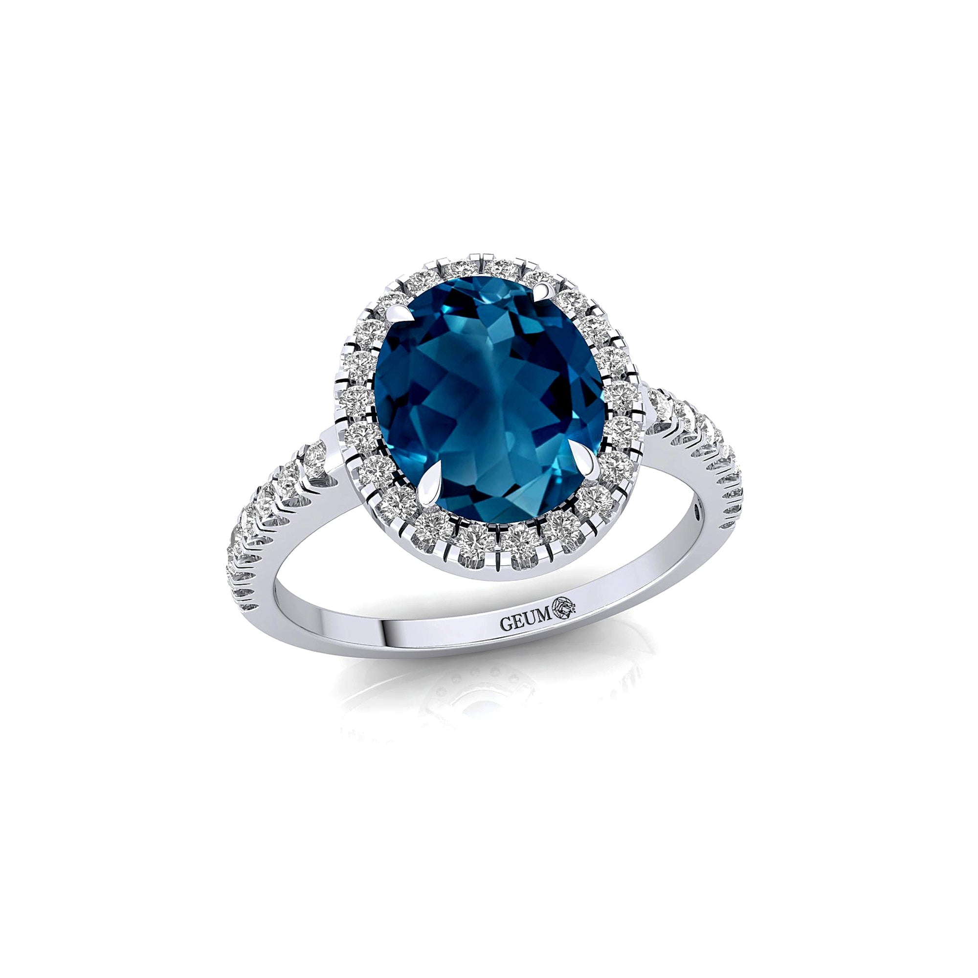 Oval Solitaire London Blue Topaz Halo Diamond Engagement Ring - GeumJewels