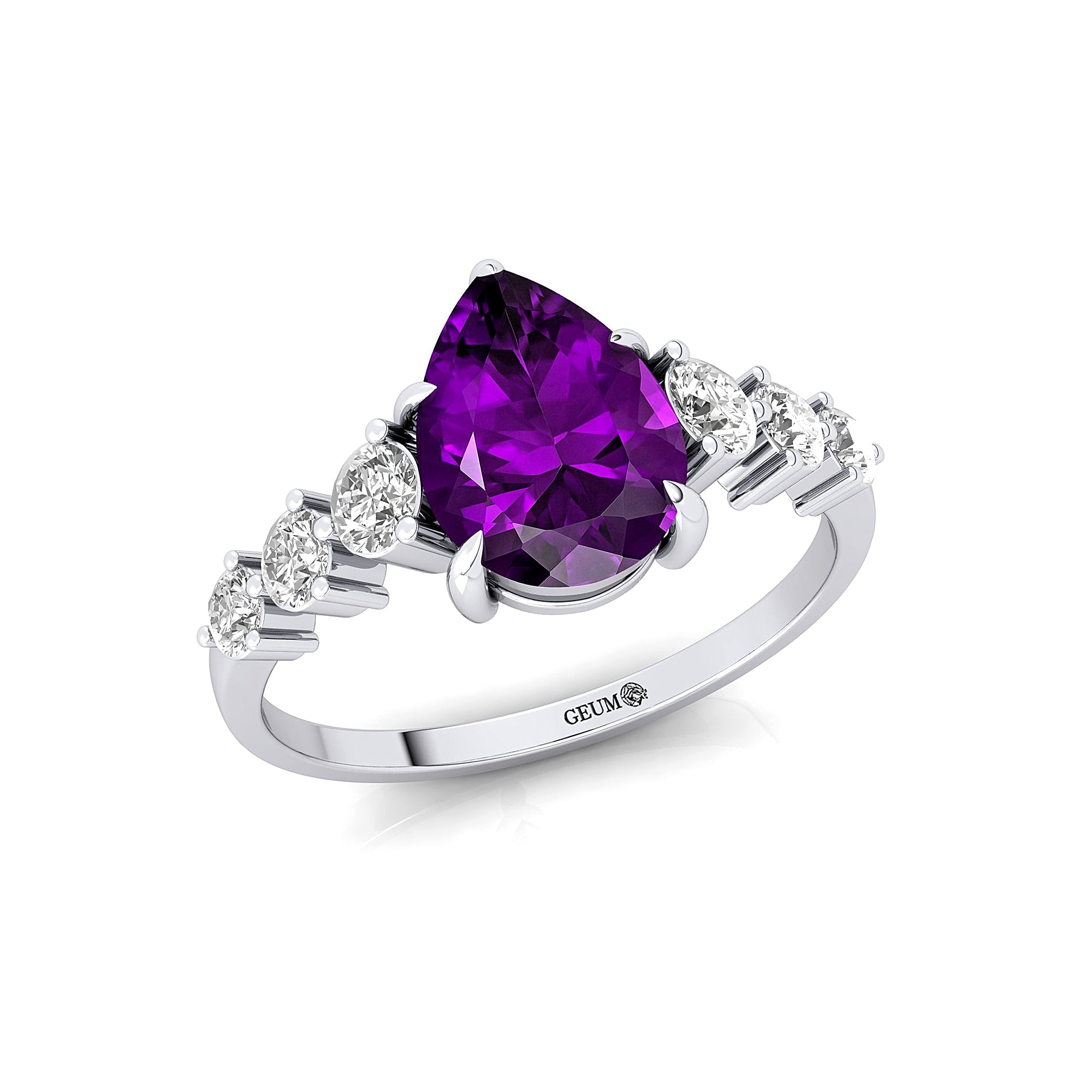 Pear Cut Amethyst with Graduated Diamonds Ring - GeumJewels