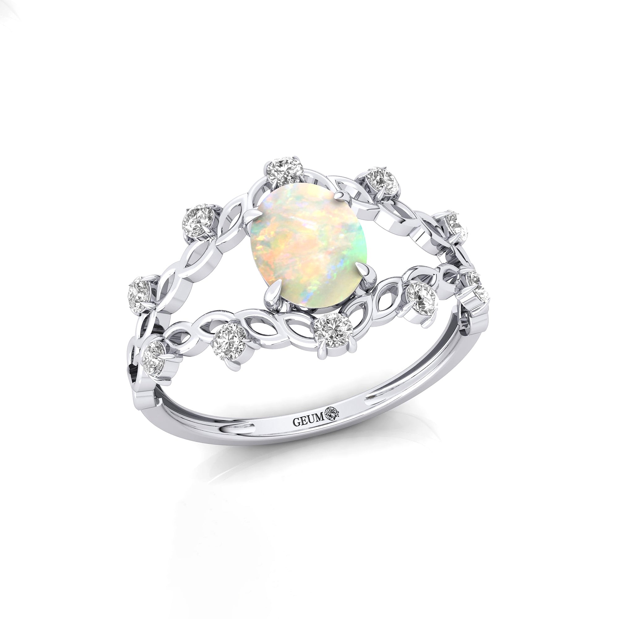 Flower Inspired Ring with Oval Shaped Opal and Accent Diamonds - GeumJewels