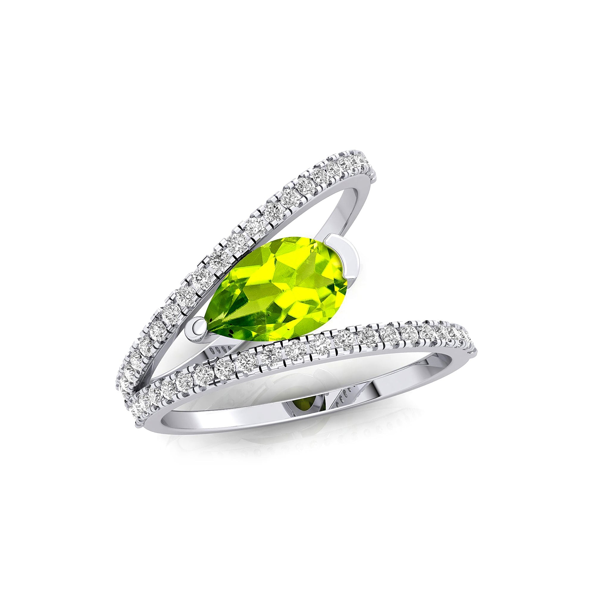 Fashionable V Shaped Diamond Ring with Pear Cut Peridot - GeumJewels