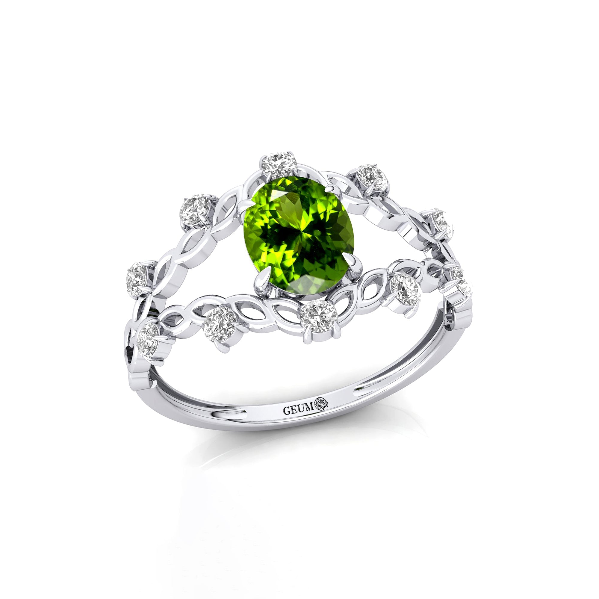 Flower Inspired Ring with Oval Shaped Peridot and Accent Diamonds - GeumJewels