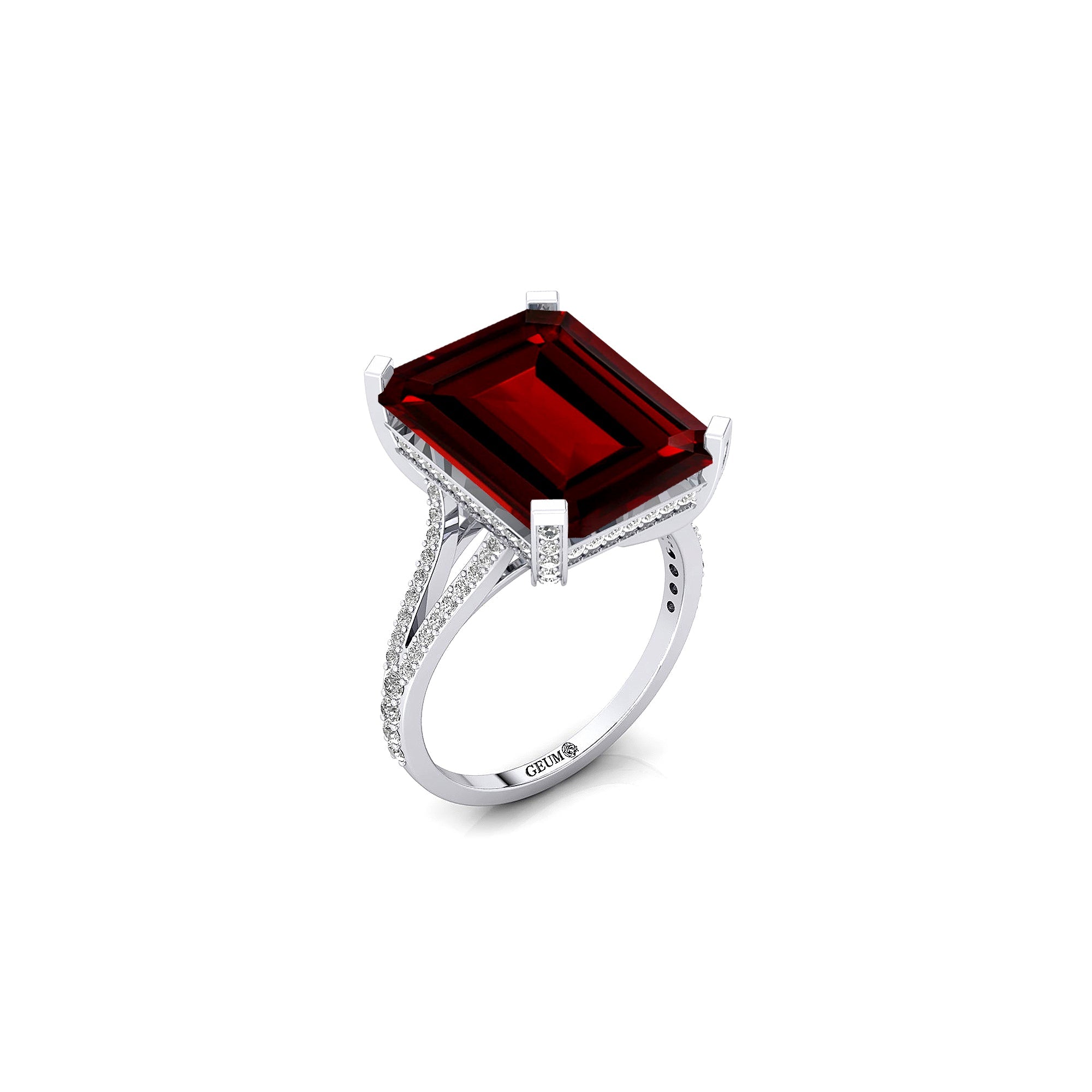 Emerald Cut Garnet Split Shank Engagement Ring with Diamonds - GeumJewels