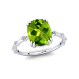 Cushion Cut Peridot Engagement Ring with Distant Diamond Band - GeumJewels