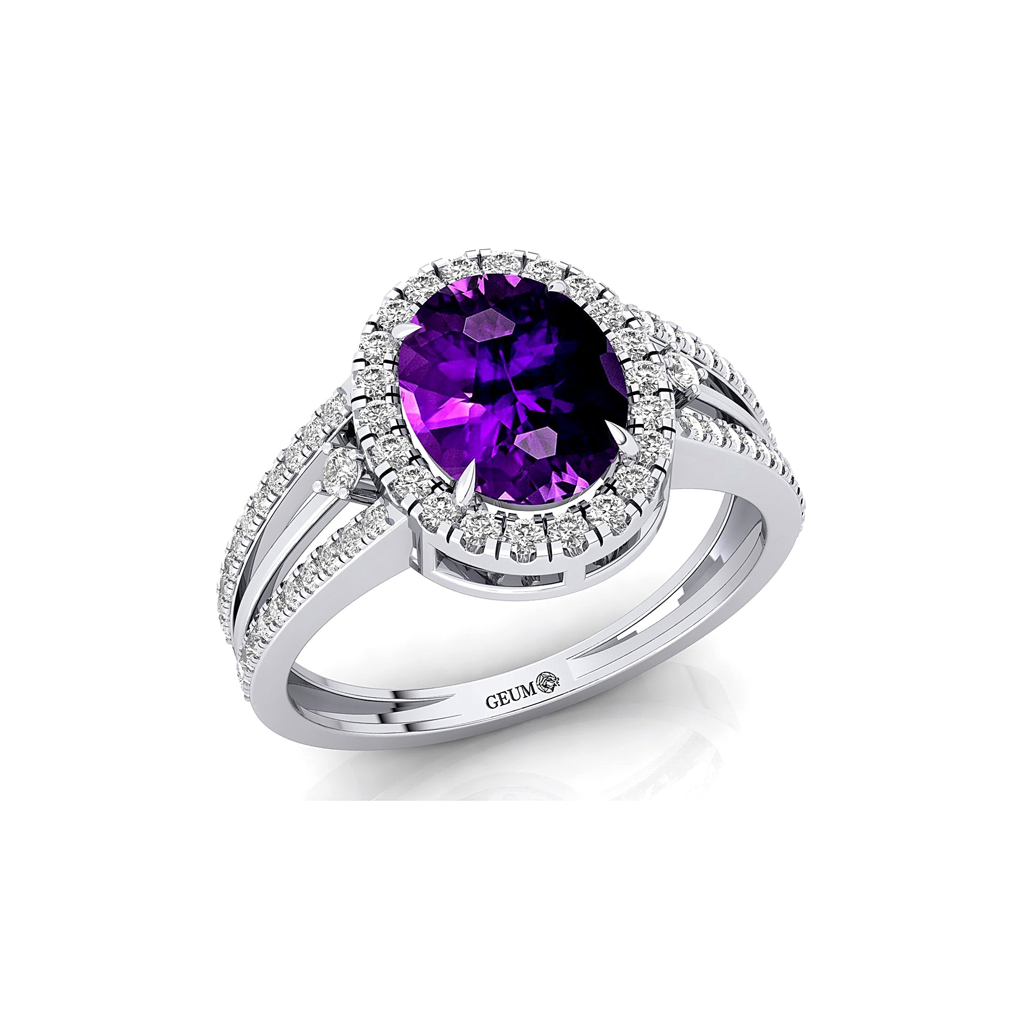Solitaire Oval Amethyst Split Shank Diamond Engagement Ring - GeumJewels