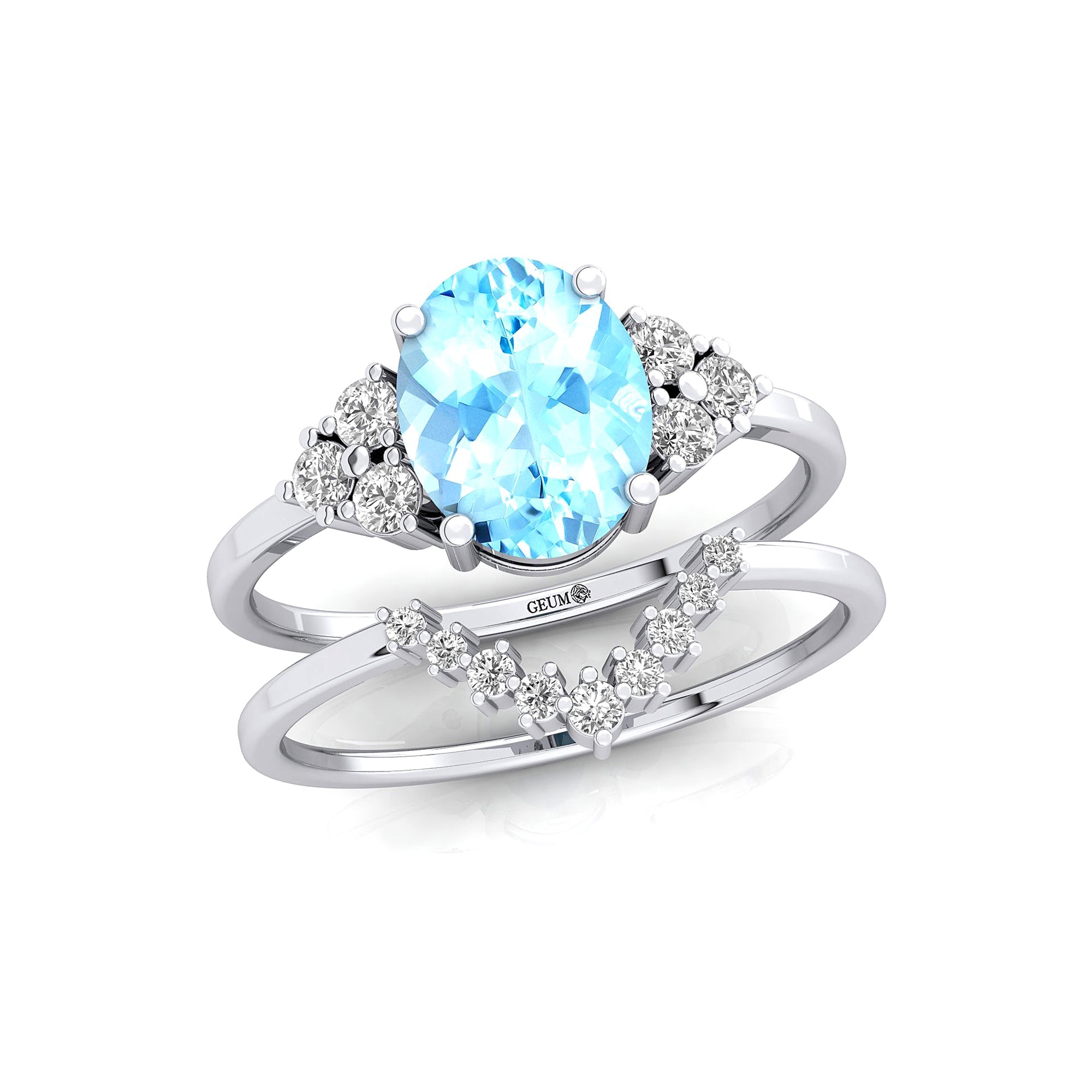 Aquamarine Solitaire Ring With Stackable Diamond Band - GeumJewels