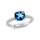 London Blue Topaz Square Cushion Under Halo Diamonds Thin Ring with Diamond Band - GeumJewels