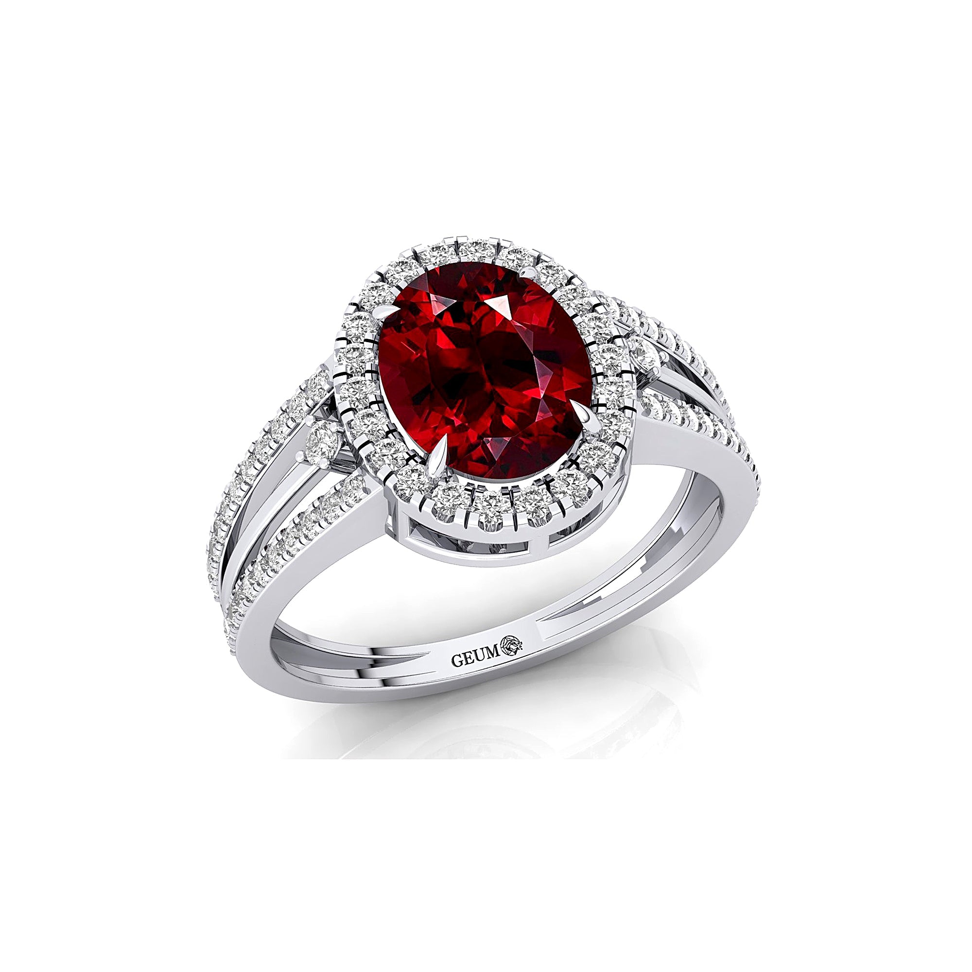 Solitaire Oval Garnet Split Shank Diamond Engagement Ring - GeumJewels