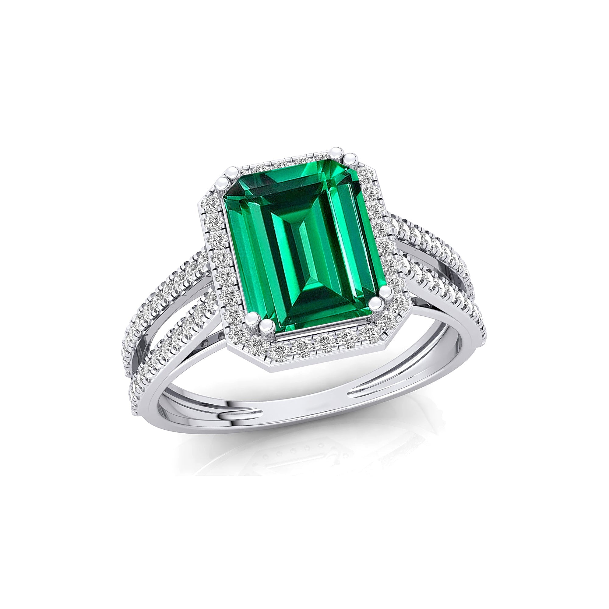Halo Set Emerald Shaped Emerald Split Shank Ring with Accent Diamonds - GeumJewels