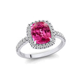Elongated Cushion Halo Set Pink Sapphire Engagement Ring with Diamond Band - GeumJewels