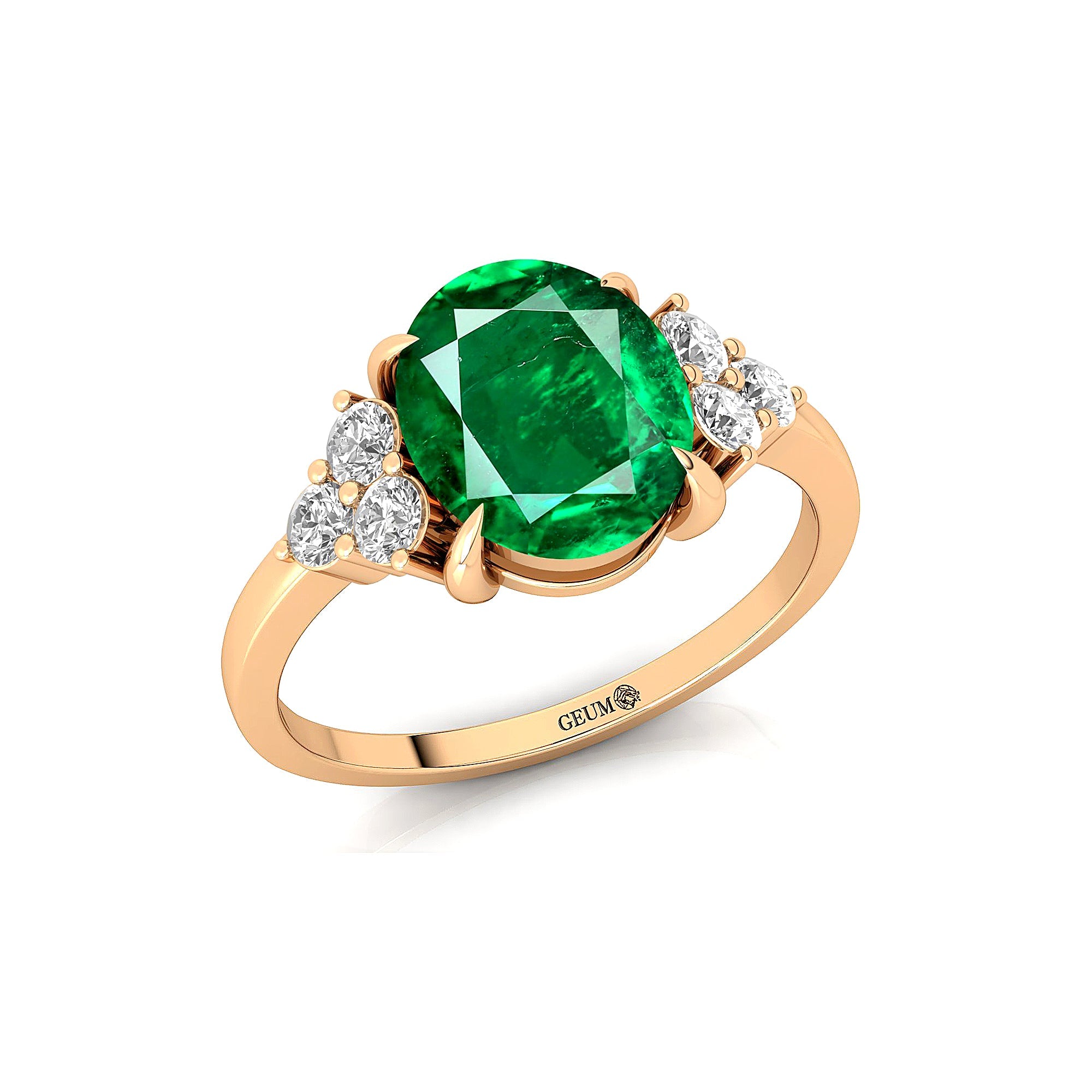 Trio Diamond Engagement Ring with Oval Cut Emerald - GeumJewels