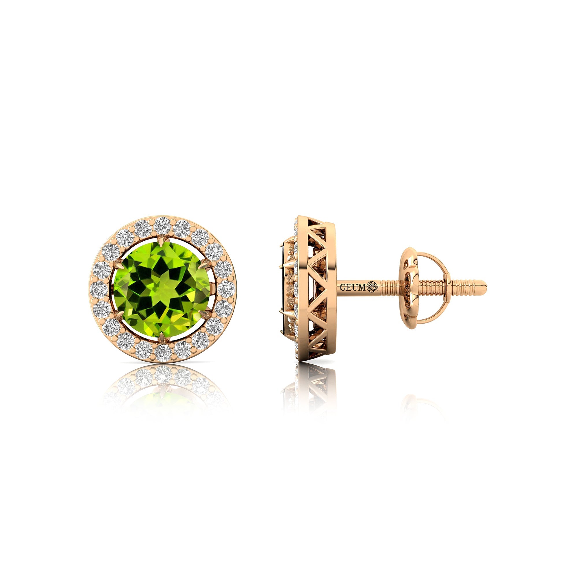 Round Solitaire Peridot Halo Diamond Stud Earrings - GeumJewels