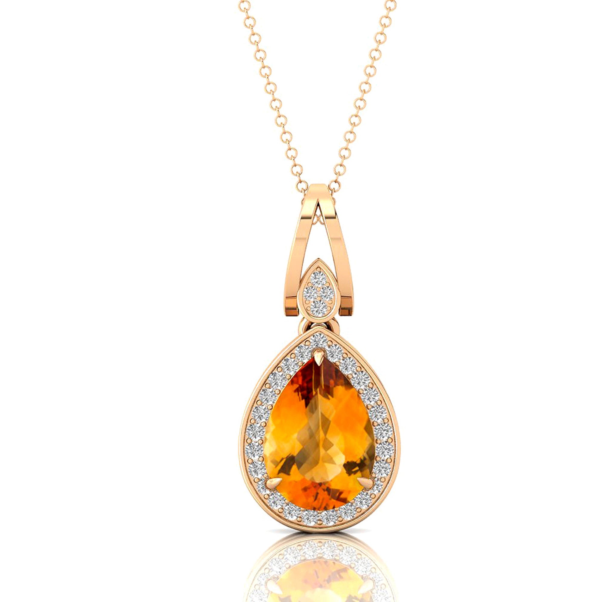 Classic Teardrop Shaped Citrine Halo Diamond Dangle Pendant - GeumJewels